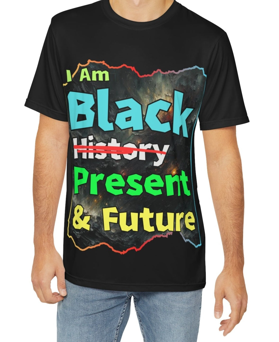 Men's Brushed Polyester Short Sleeve Tee (AOP), "I Am Black Present & Future"