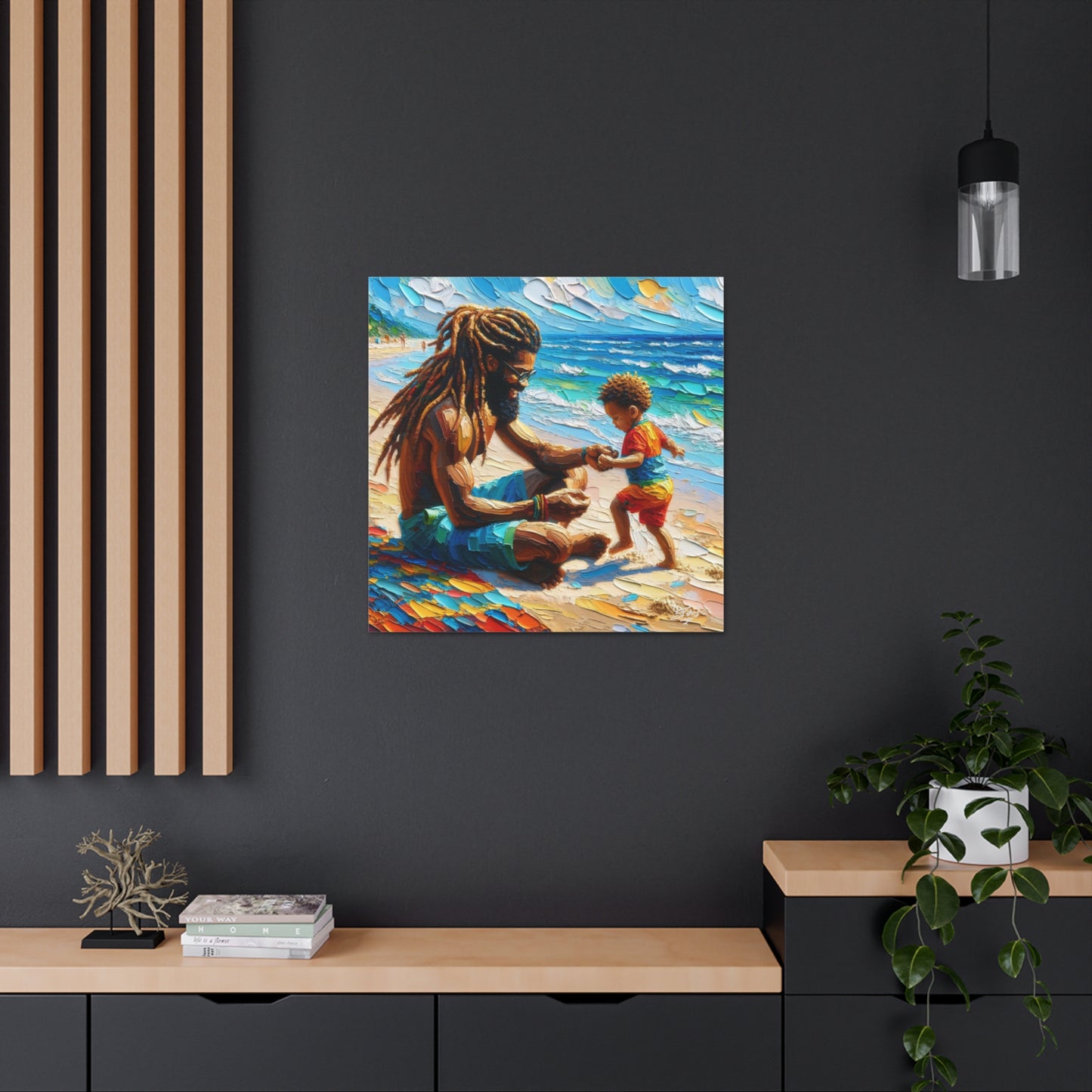 Art Print, Afro-Caribbean Father & Son "Sitting on the Beach," Oil Finish, West Indian Ethnicity, Cultural, Heritage, Semi-Abstract, Canvas Gallery Wrap