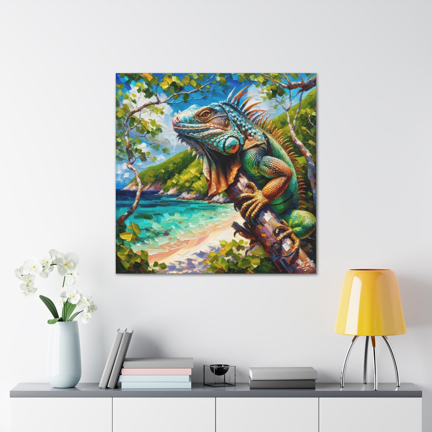 Art Print, Iguana, Caribbean Wildlife, Oil Finish, Caribbean Nature, Cultural, Heritage, Canvas Gallery Wrap