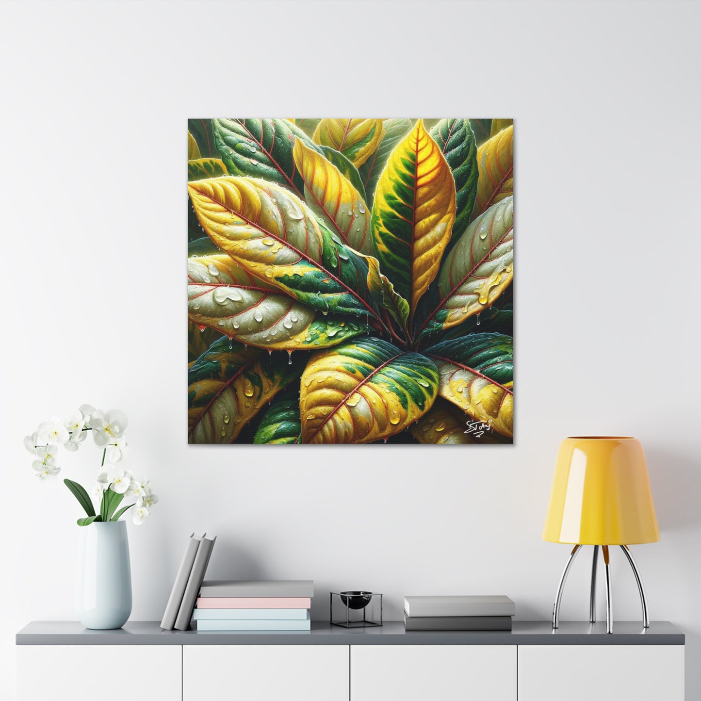 Oil Print of Croton Plant, Close-up, Still Wet from Recent Rain, Caribbean, Tropical Plant, Canvas Gallery Wraps