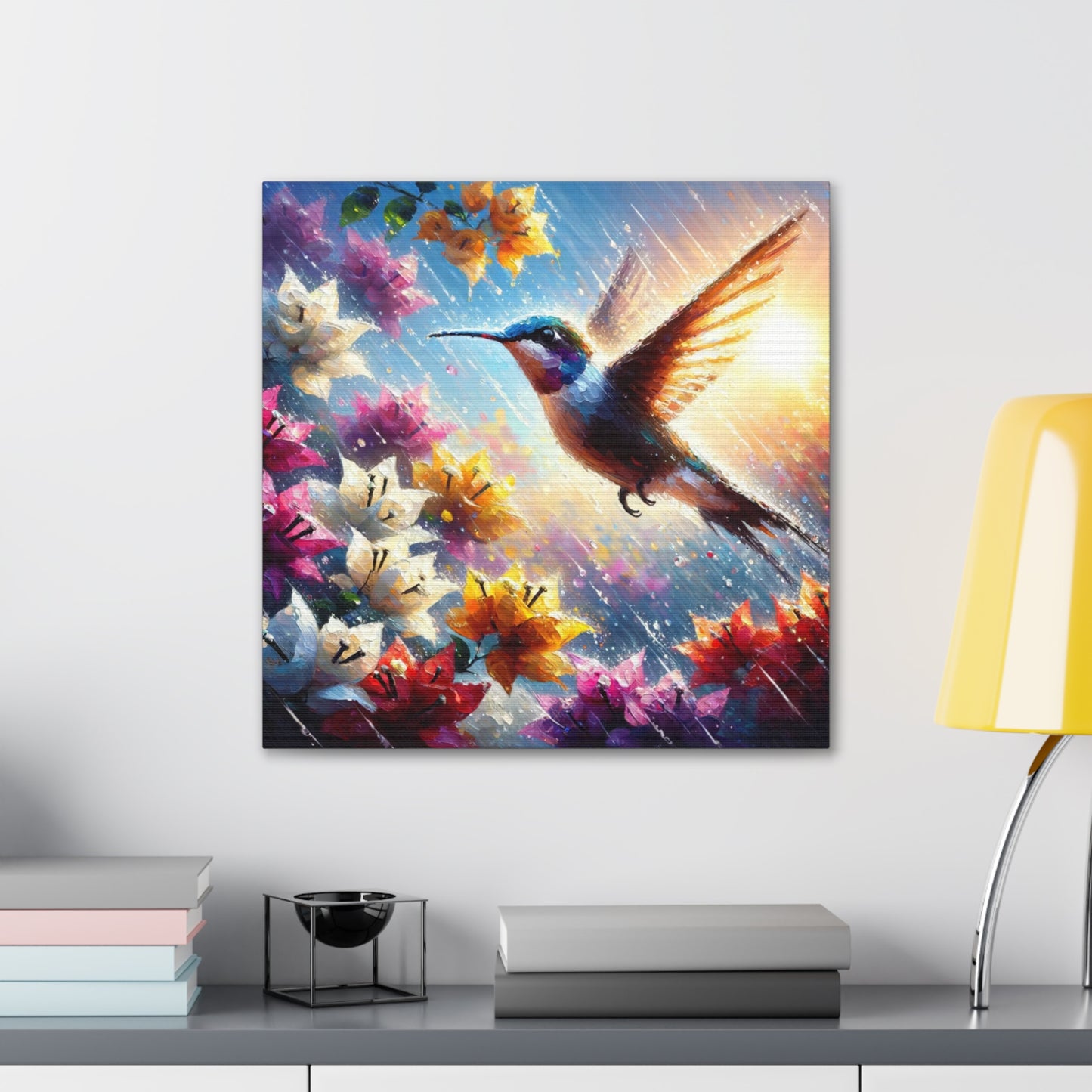 Art Print of Hummingbird in Flight...in the Sun and Rain, Bougainvillea, Caribbean, Oil Finish, West Indian Art, Canvas Gallery Wraps