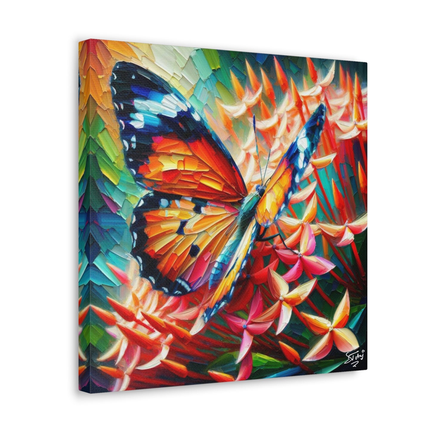 Art Print, Butterfly on Ixoras, Oil Finish, Caribbean Nature, Cultural, Heritage, Semi-Abstract, Canvas Gallery Wrap