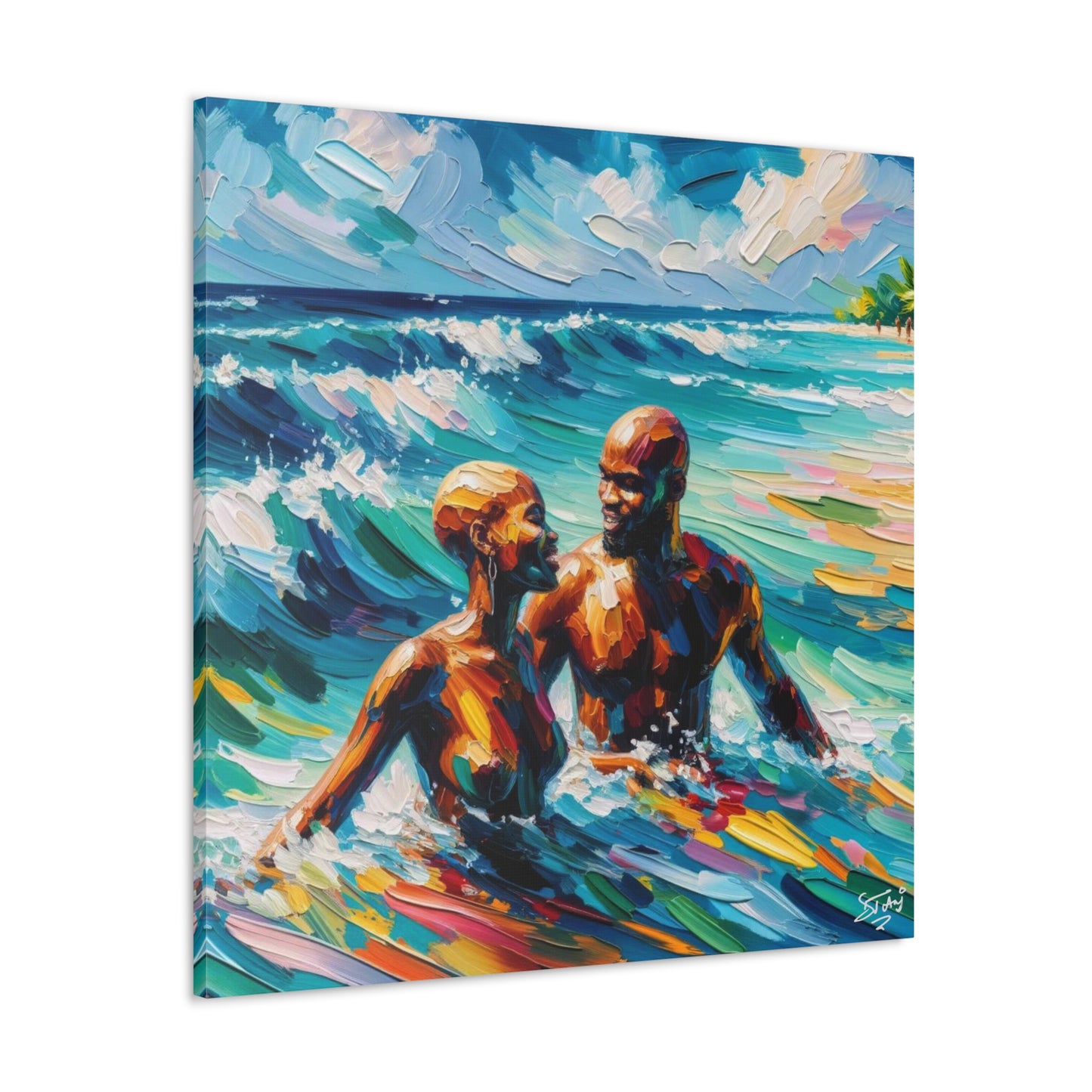 Art Print, Afro-Caribbean Couple "Skinny Dipping," Oil Finish, West Indian Ethnicity, Cultural, Heritage, Semi-Abstract, Canvas Gallery Wrap