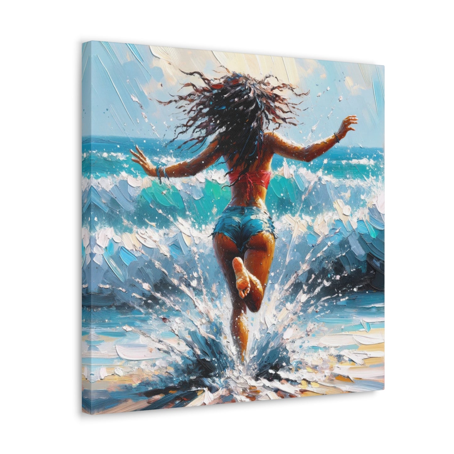 Art Print, East Indian Woman from Trinidad running into the Atlantic Ocean, Caribbean, Oil Finish, West Indian Art, Canvas Gallery Wraps