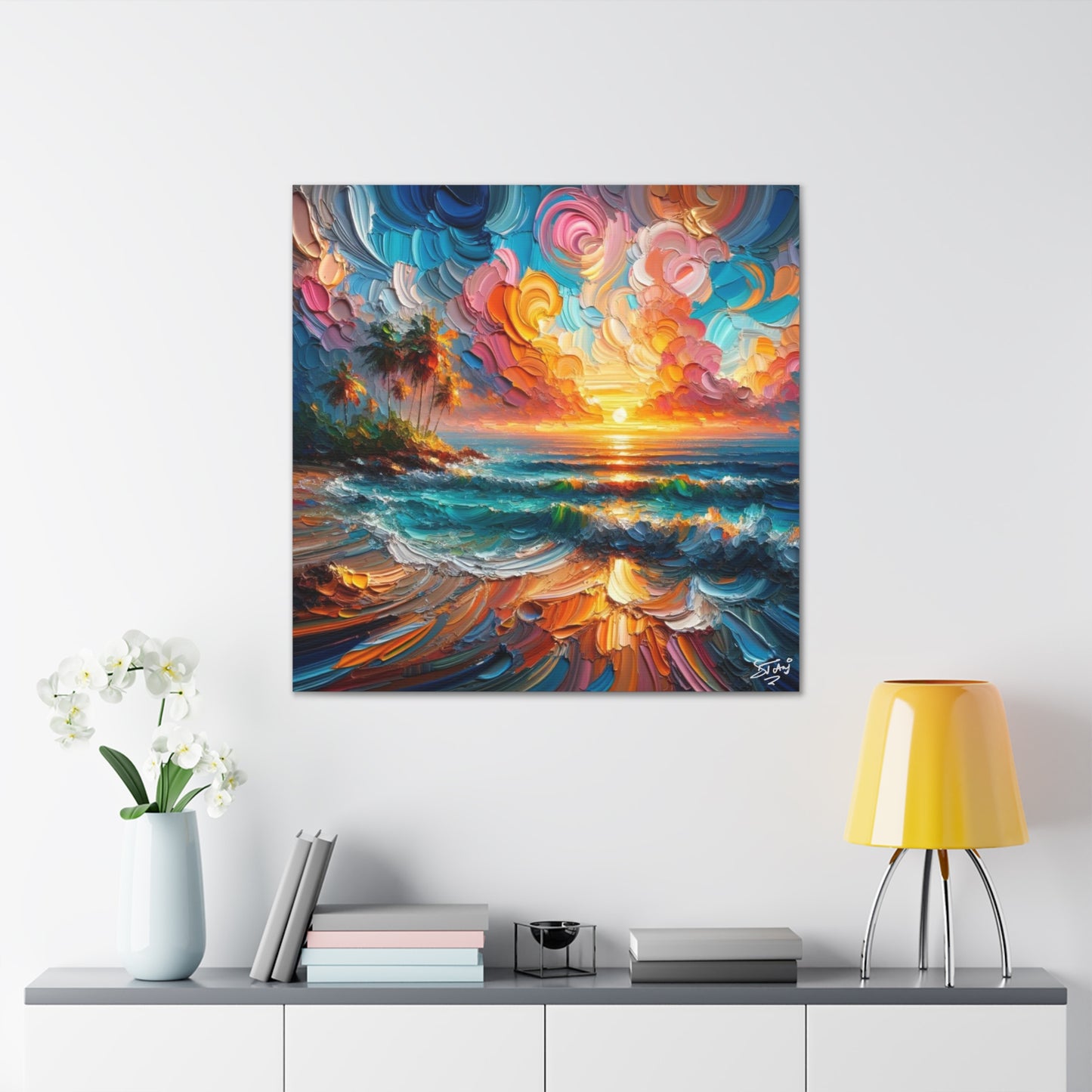 Art Print of Caribbean Sunset Scene, Semi-Abstract, Oil Painting, West Indian Art, Canvas Gallery Wraps