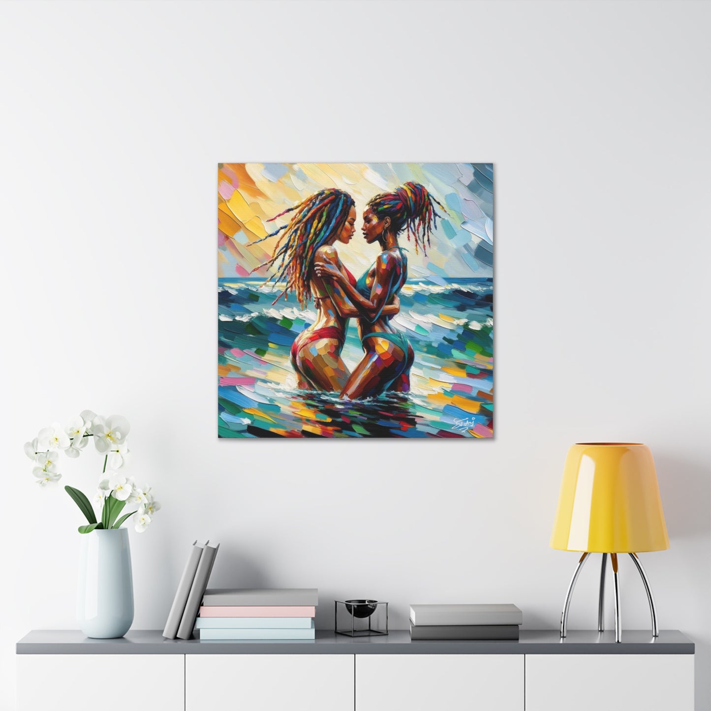 Art Print, Caribbean Couple, "In Our World" Semi-Abstract Oil Finish, West Indian Ethnicity, Cultural, Heritage, Abstract, Canvas Gallery Wrap