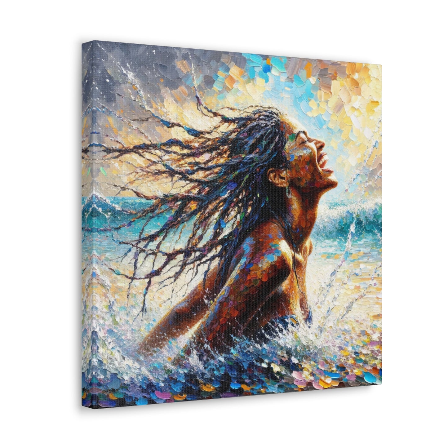 Art Print#2 of Dougla Woman's Exhilaration Captured - Joy, Laughter, Color, Caribbean Sea, Oil Finish, West Indian Art, Canvas Gallery Wraps