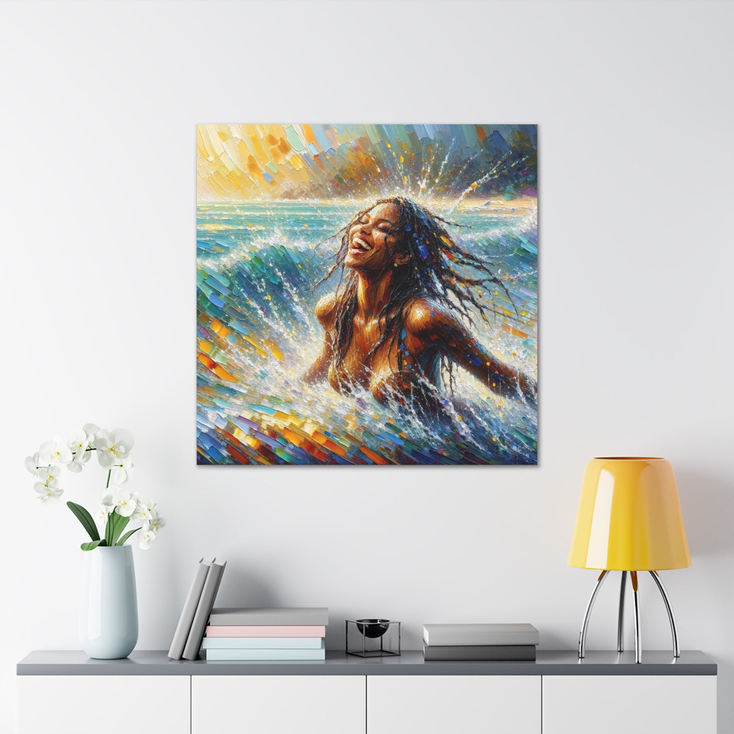 Art Print#4 of Dougla Woman's Exhilaration Captured - Joy, Laughter, Color, Caribbean Sea, Oil Finish, West Indian Art, Canvas Gallery Wraps