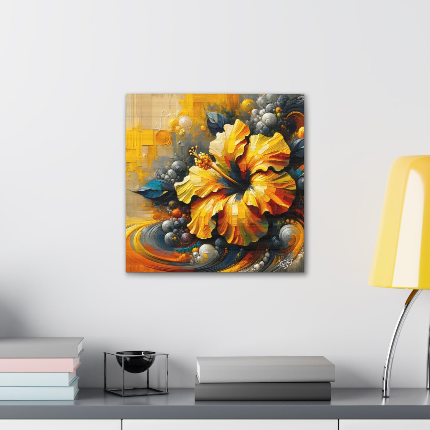 Oil Print#2 of a Yellow Hibiscus Flower, Close-up View, Semi-abstract, Caribbean, Vibrant Vivid Colors, Canvas Gallery Wraps