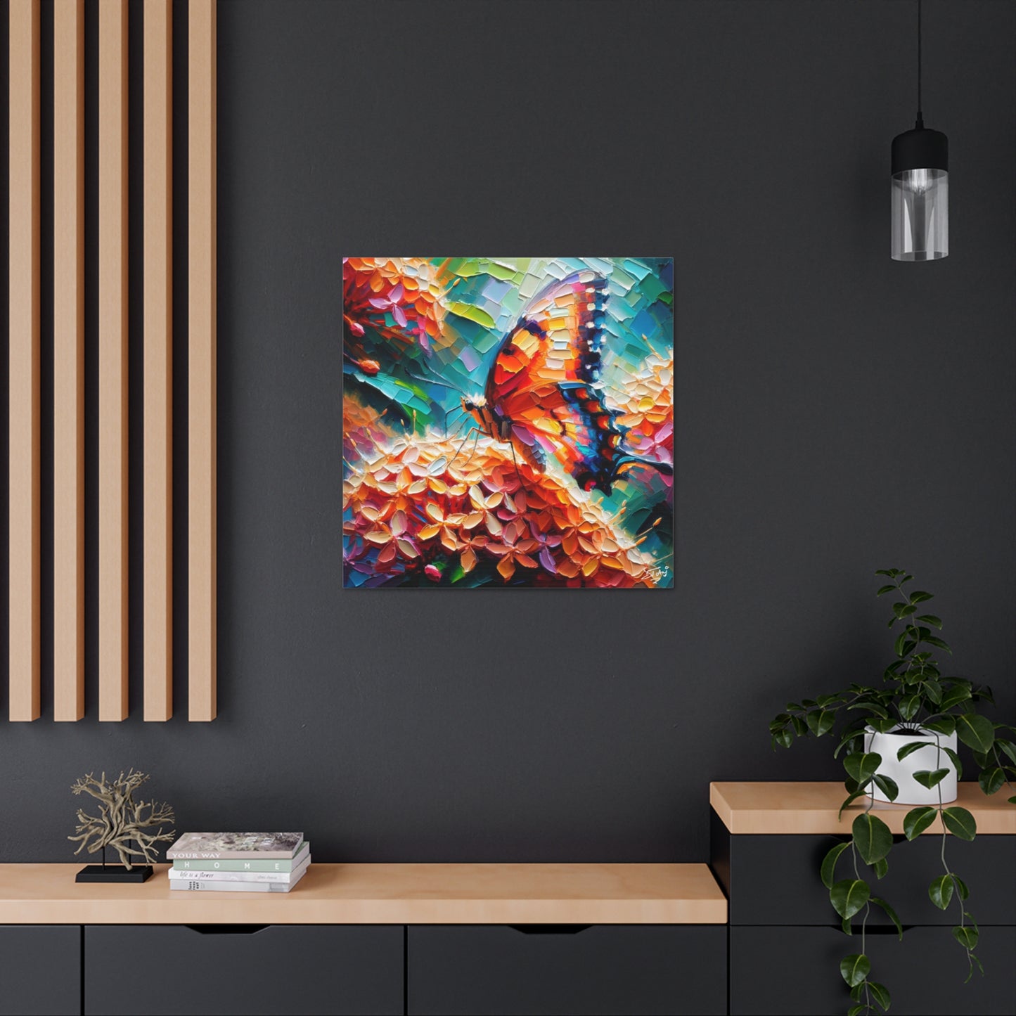 Art Print, Butterfly on Ixoras, Oil Finish, Caribbean Nature, Cultural, Heritage, Semi-Abstract, Canvas Gallery Wrap