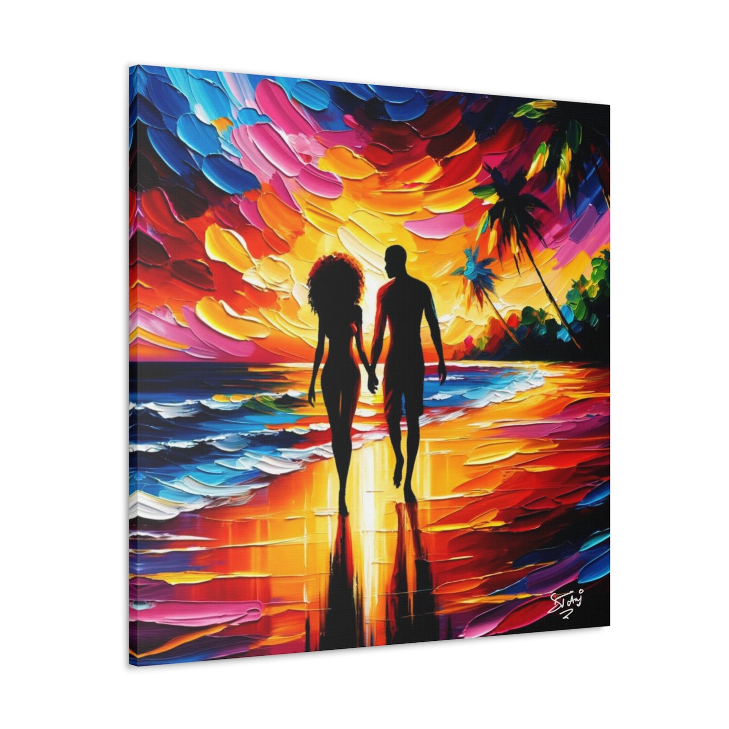 Art Print, Caribbean Couple, "Walking on the Beach" Semi-Abstract Oil Finish, West Indian Ethnicity, Cultural, Heritage, Abstract, Canvas Gallery Wrap