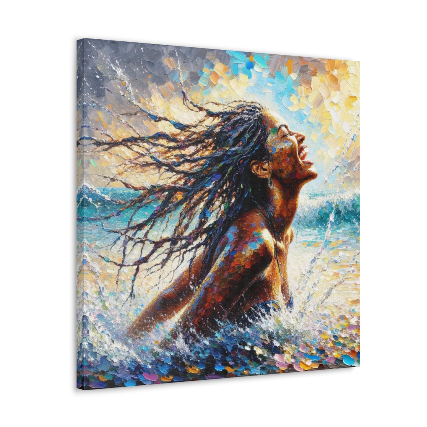 Art Print#2 of Dougla Woman's Exhilaration Captured - Joy, Laughter, Color, Caribbean Sea, Oil Finish, West Indian Art, Canvas Gallery Wraps