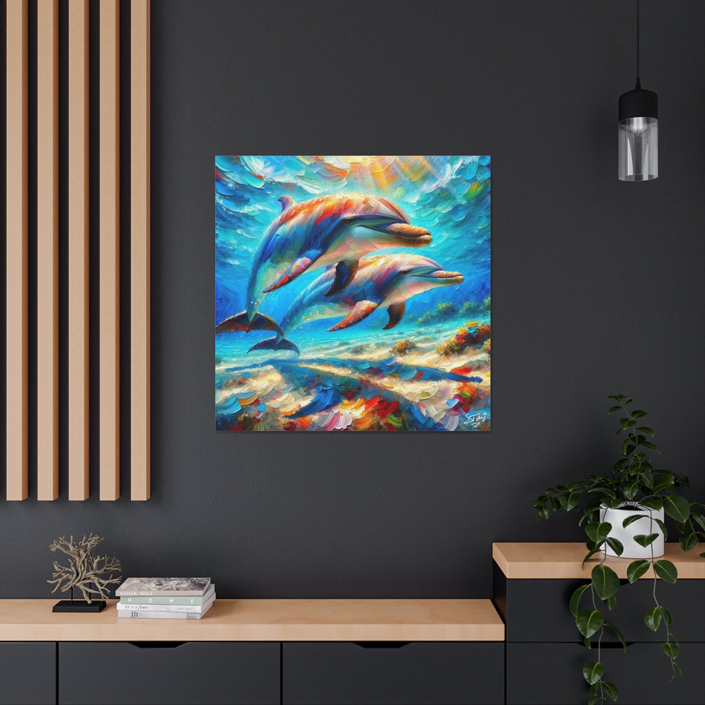 Art Print, Two Dolphins, Oil Finish, Caribbean Nature, Canvas Gallery Wrap