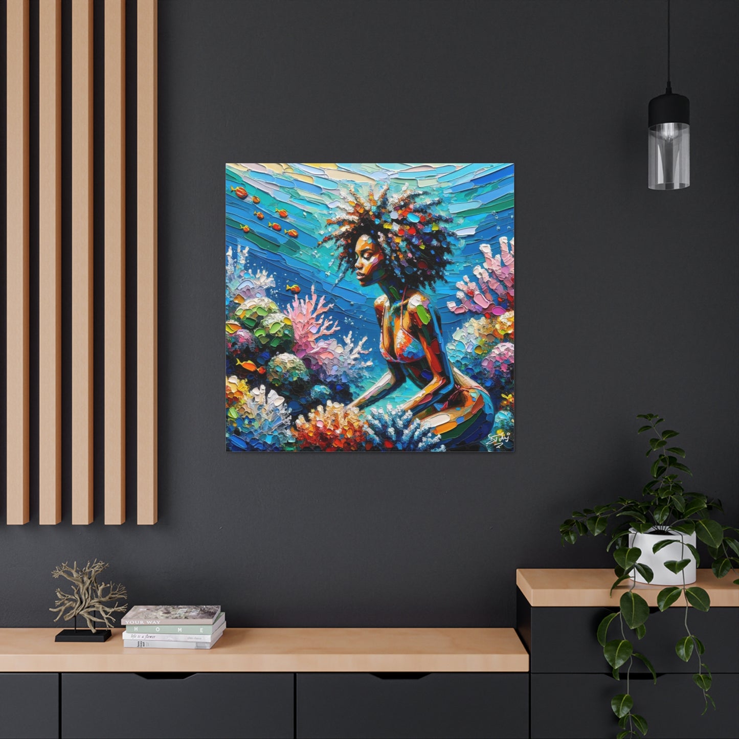 Art Print, Black Woman with Fishes in Coral Reef, Oil Finish, Caribbean Nature, Semi-Abstract, Canvas Gallery Wrap