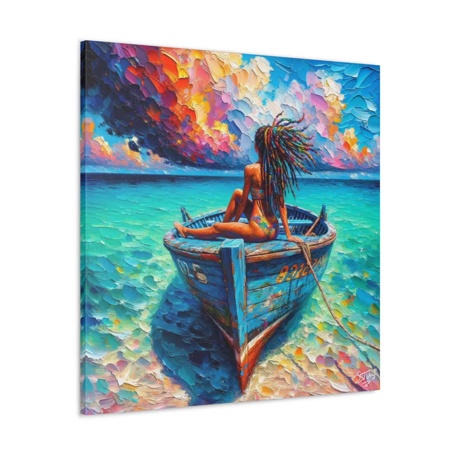 Art Print, Afro-Caribbean Woman "Chilling in the Boat (2)" Oil Finish, West Indian Ethnicity, Cultural, Heritage, Semi-Abstract, Canvas Gallery Wrap