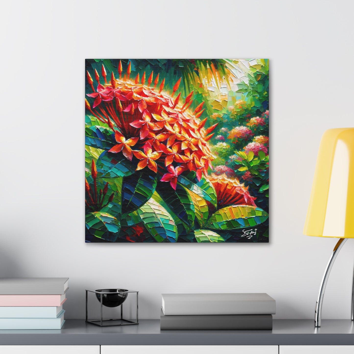 Art Print of Ixora Flowers, Oil Finish, West Indian Art, Canvas Gallery Wraps