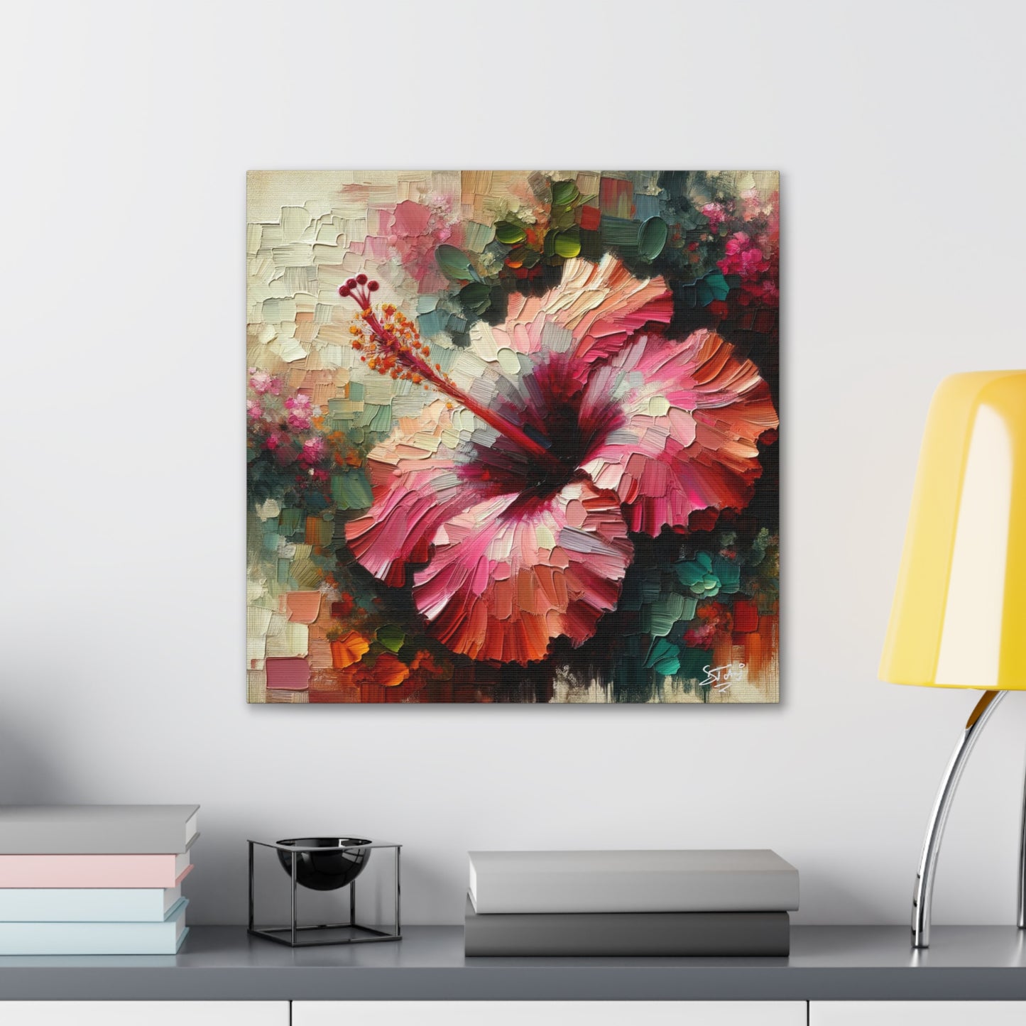 Oil Print#3 of a Pink Hibiscus Flower, Close-up View, Semi-abstract, Caribbean, Vibrant Vivid Colors, Canvas Gallery Wraps