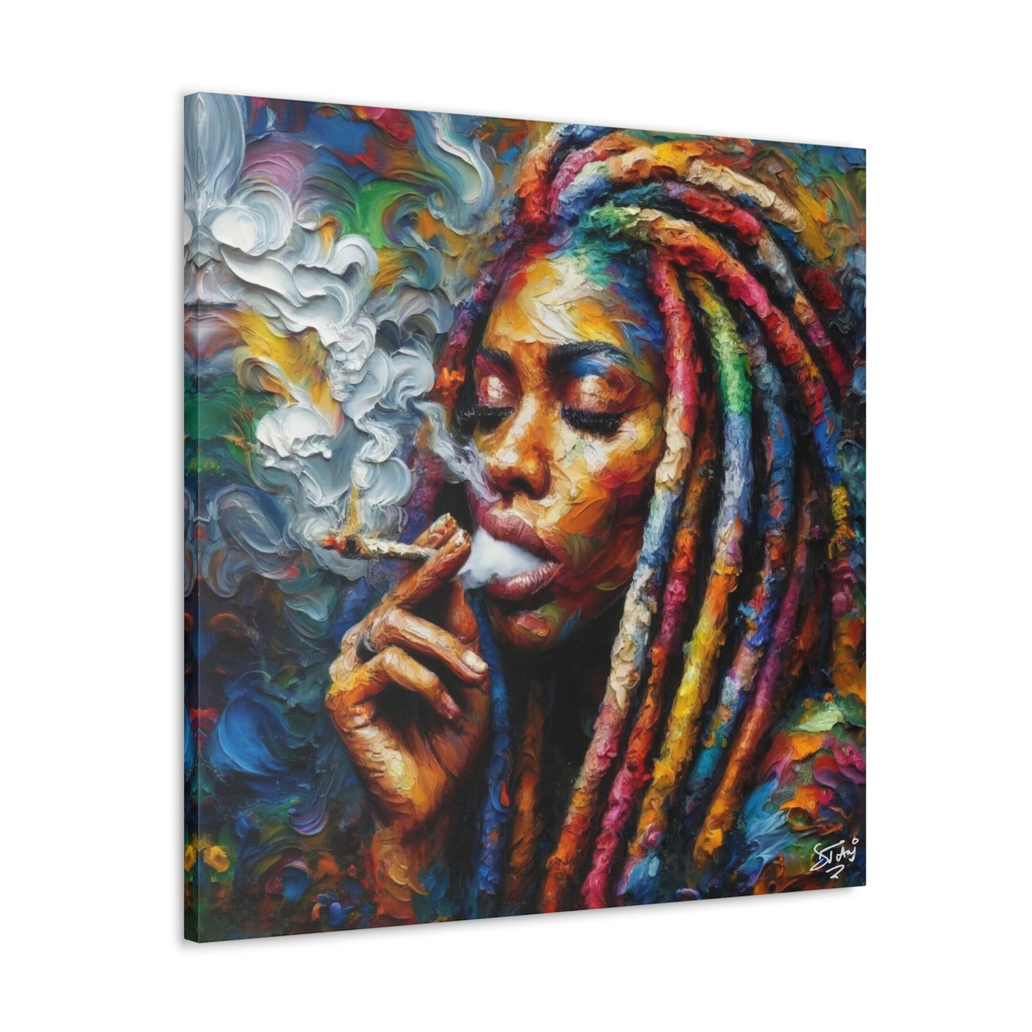 Art Print of Rasta-Woman Smoking, Oil Finish, West Indian Ethnicity, Cultural, Heritage, Afro-Caribbean Man, Semi-Abstract, Canvas Gallery Wrap