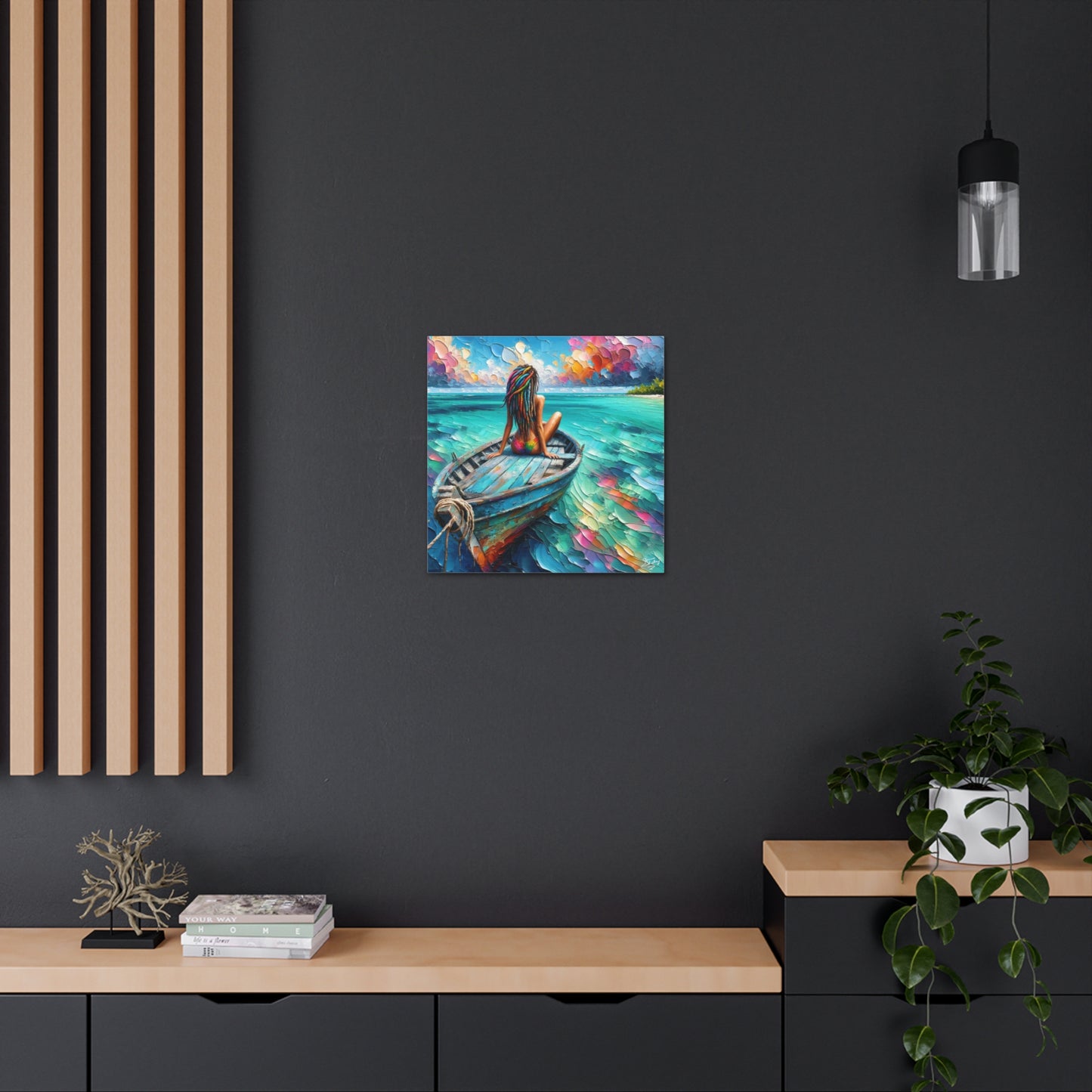 Art Print, Caribbean Woman "Chilling in the Boat" Oil Finish, West Indian Ethnicity, Cultural, Heritage, Semi-Abstract, Canvas Gallery Wrap