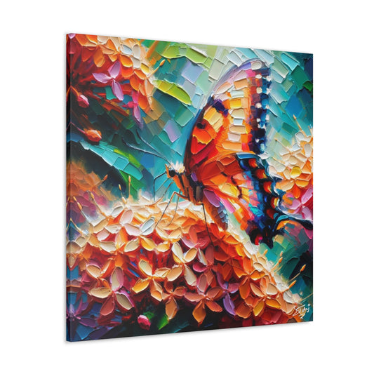 Art Print, Butterfly on Ixoras, Oil Finish, Caribbean Nature, Cultural, Heritage, Semi-Abstract, Canvas Gallery Wrap