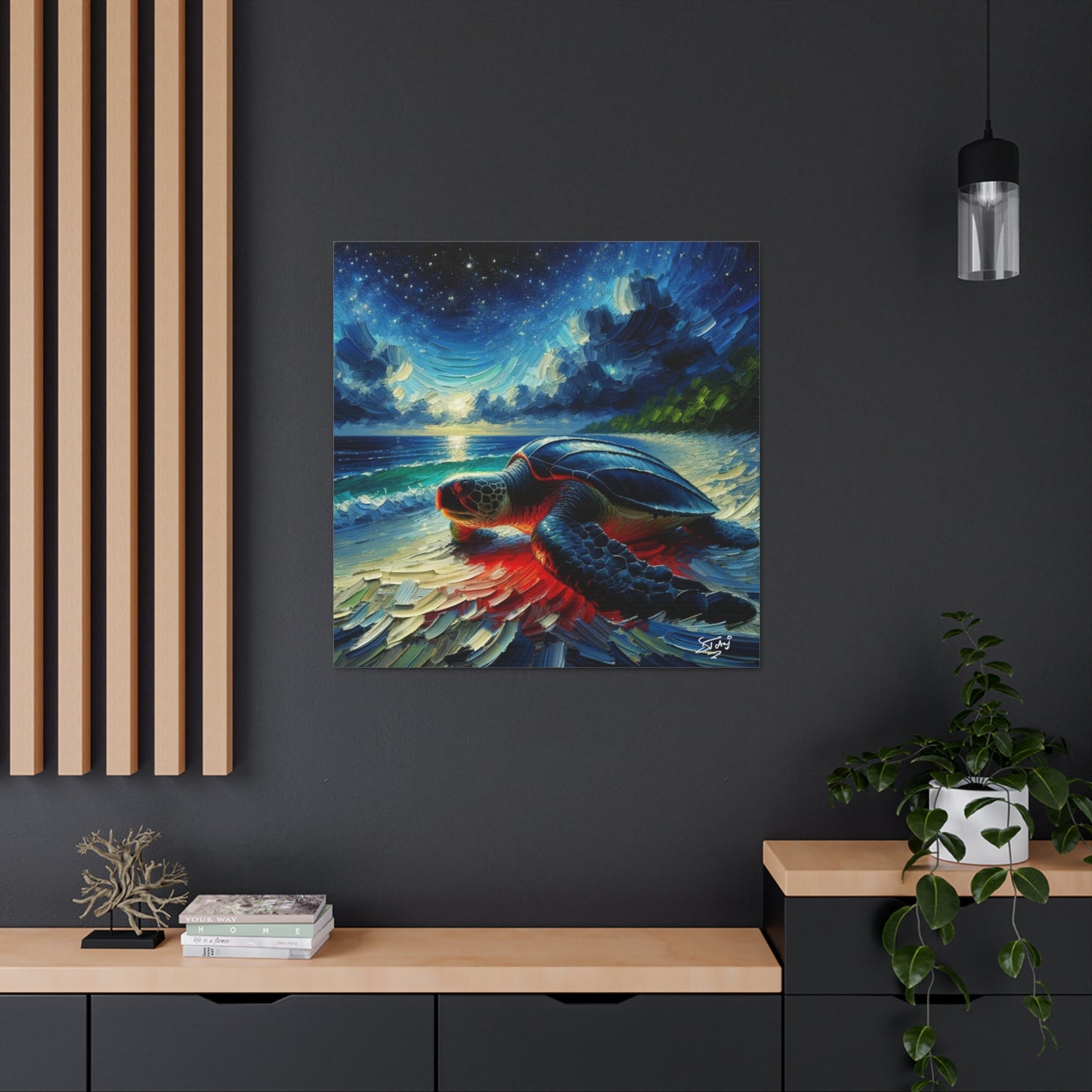 Art Print, Turtle at Night, Caribbean Wildlife, Oil Finish, Caribbean Nature, Culture, Heritage, Canvas Gallery Wrap