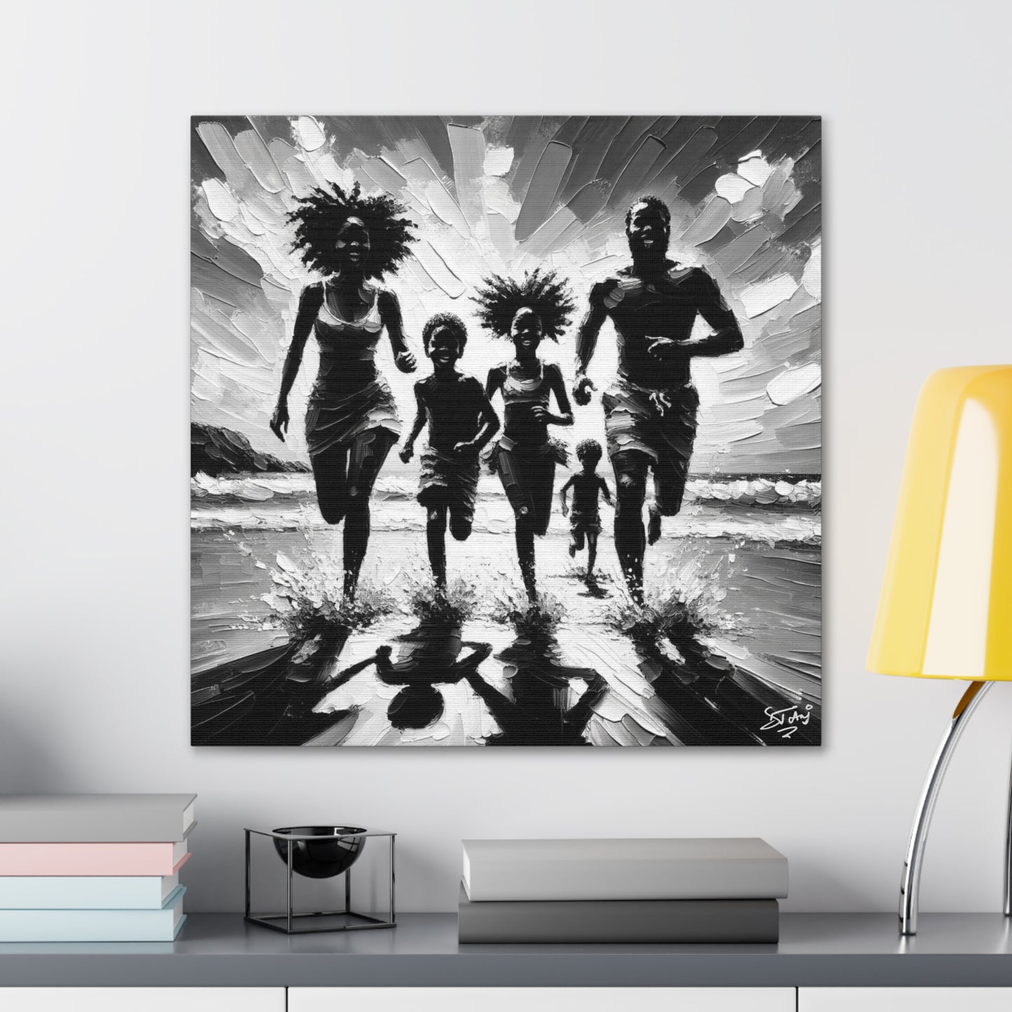 Art Print, Afro-Caribbean Family "Running on the Beach," Oil Finish, West Indian Ethnicity, Cultural, Heritage, Abstract, Canvas Gallery Wrap