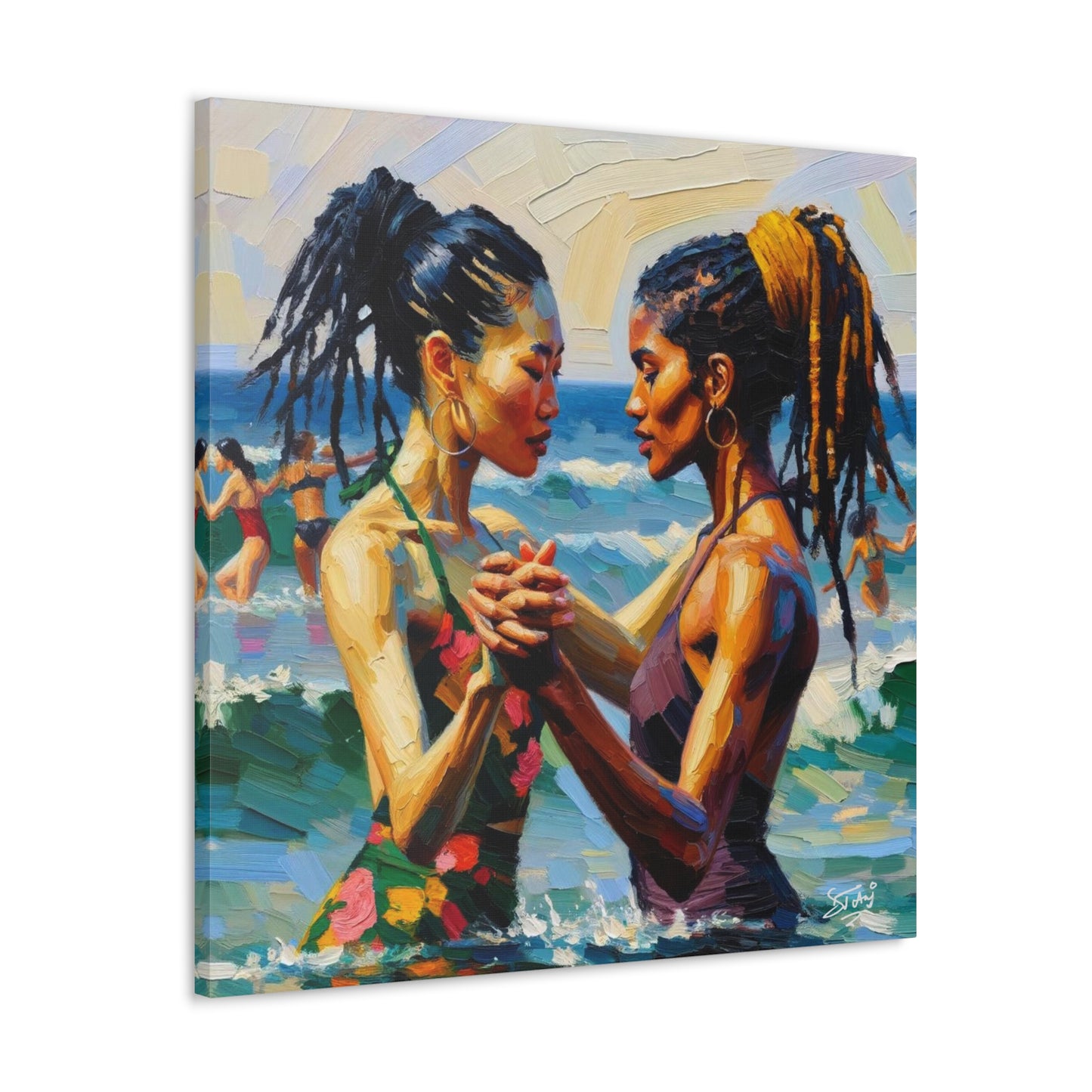 Art Print, Caribbean Couple, "In Our World" Semi-Abstract Oil Finish, West Indian Ethnicity, Cultural, Heritage, Canvas Gallery Wrap