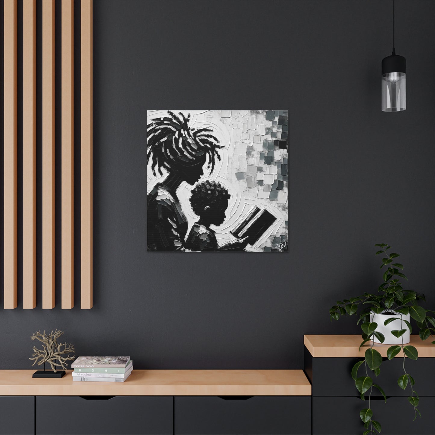 Art Print, Afro-Caribbean Mother & Son (2), Oil Finish, West Indian Ethnicity, Cultural, Heritage, Semi-Abstract, Canvas Gallery Wrap