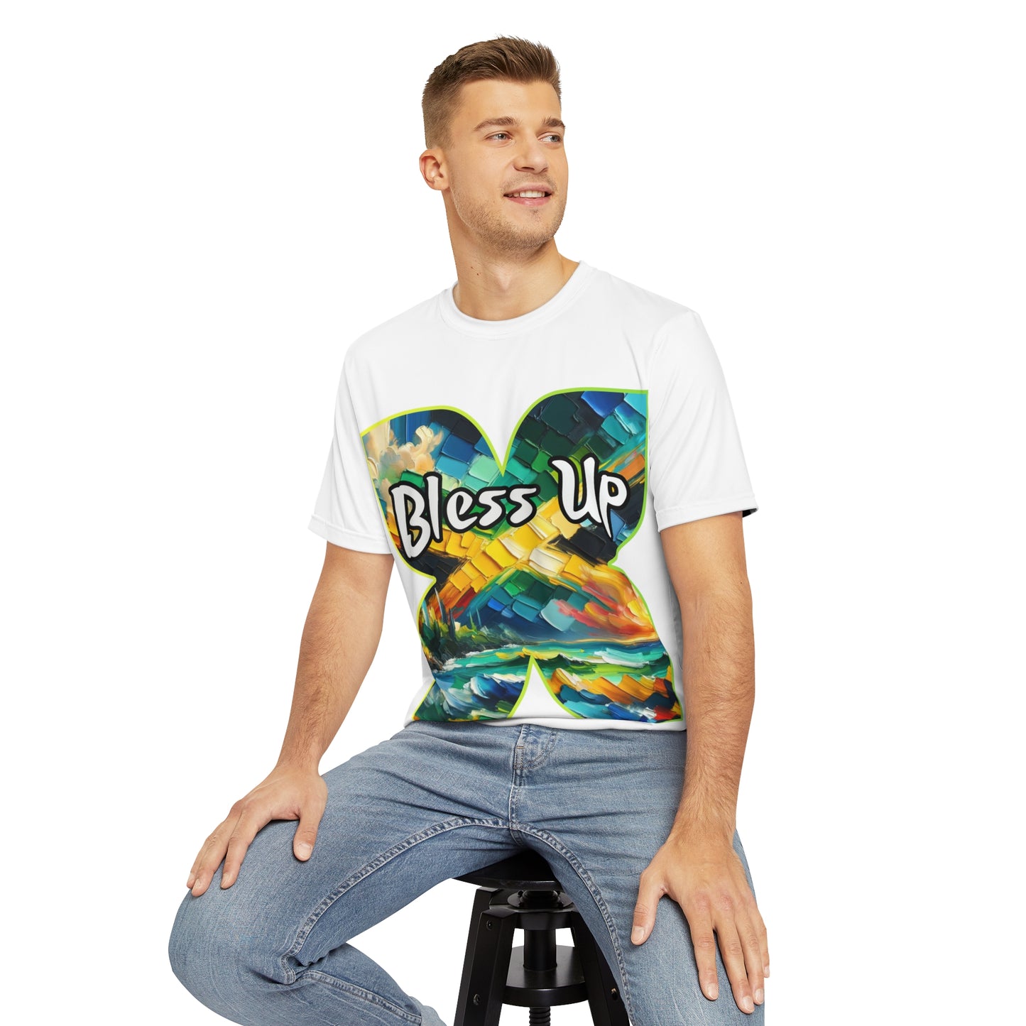 Men's Brushed Polyester Short Sleeve Tee (AOP), "Bless Up"