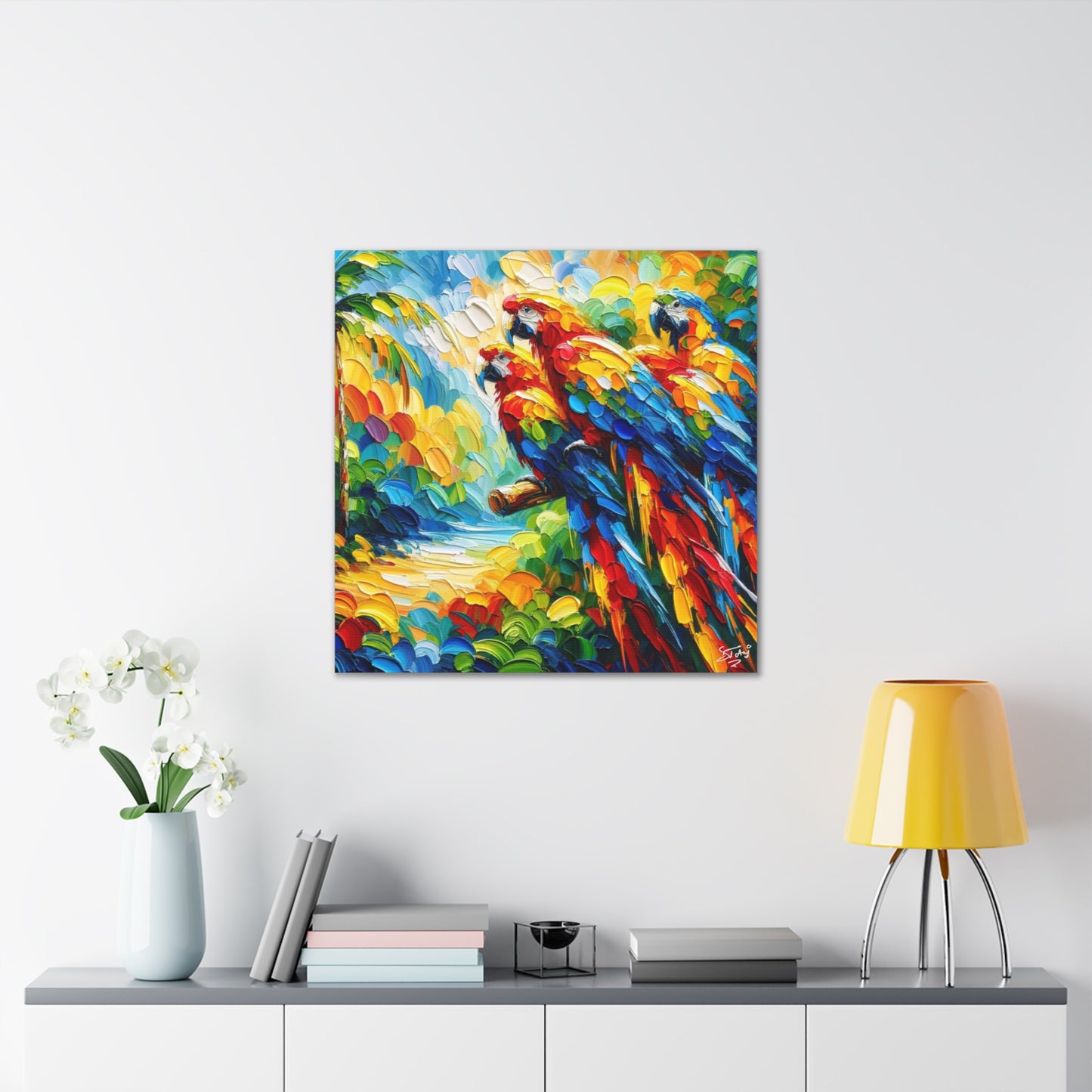 Art Print, The Parrots, Oil Finish, Caribbean Nature, Cultural, Heritage, Semi-Abstract, Canvas Gallery Wrap