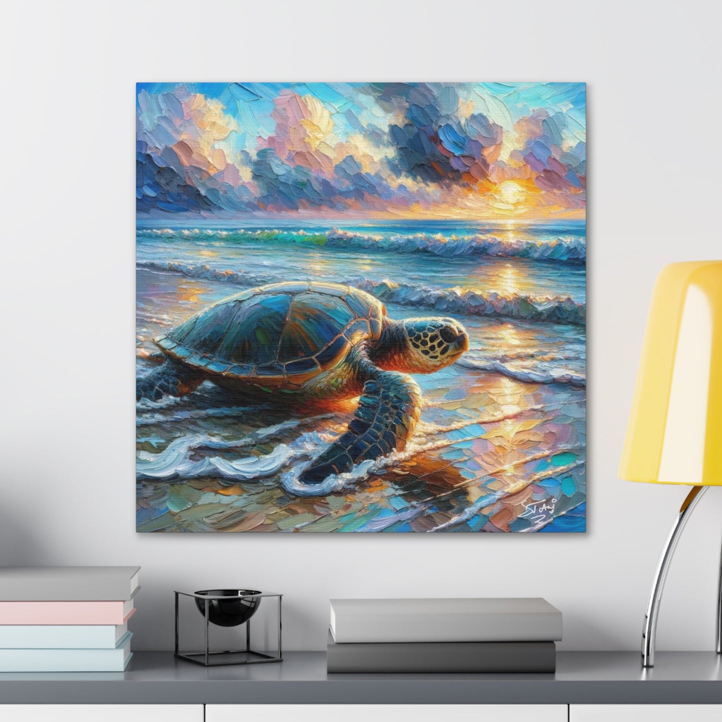 Art Print, Turtle at Sunrise, Caribbean Wildlife, Oil Finish, Caribbean Nature, Culture, Heritage, Canvas Gallery Wrap