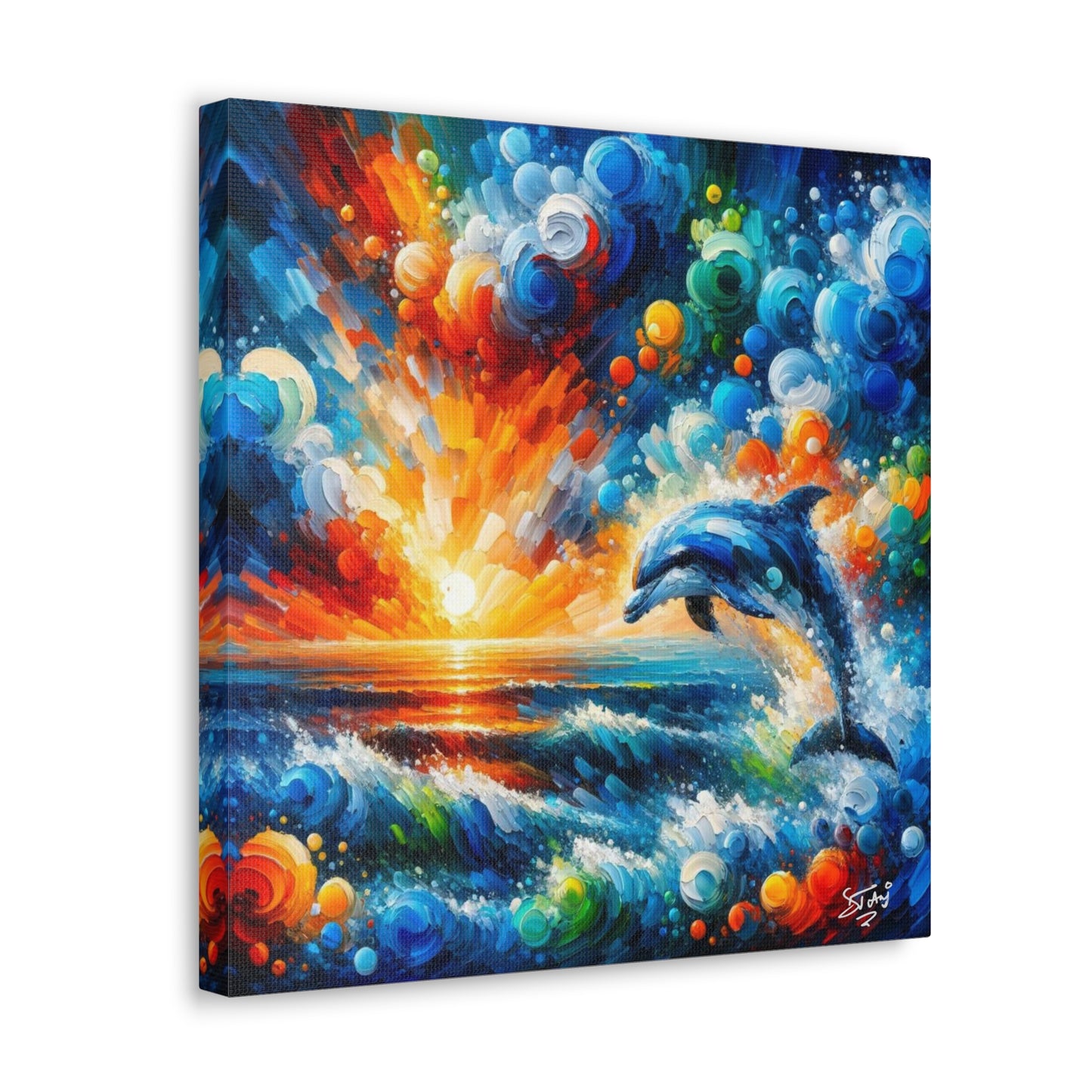 Art Print, Dolphin at Sunset, Abstract Oil Finish, Caribbean Nature, Canvas Gallery Wrap