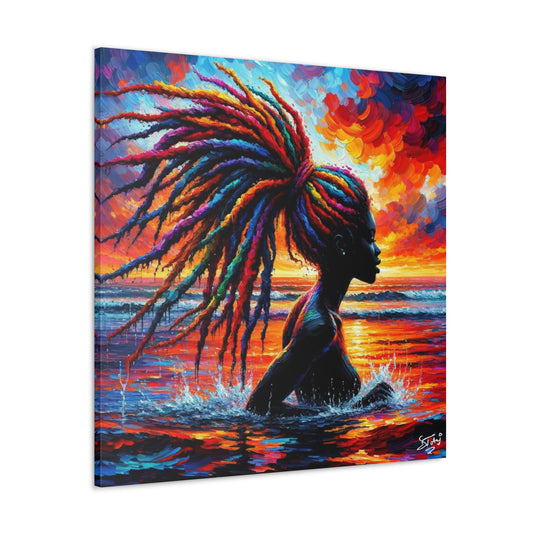 Art Print, Afro-Caribbean Woman "Sunset Live in Color," Silhouette, Oil Finish, West Indian Ethnicity, Cultural, Heritage, Semi-Abstract, Canvas Gallery Wrap