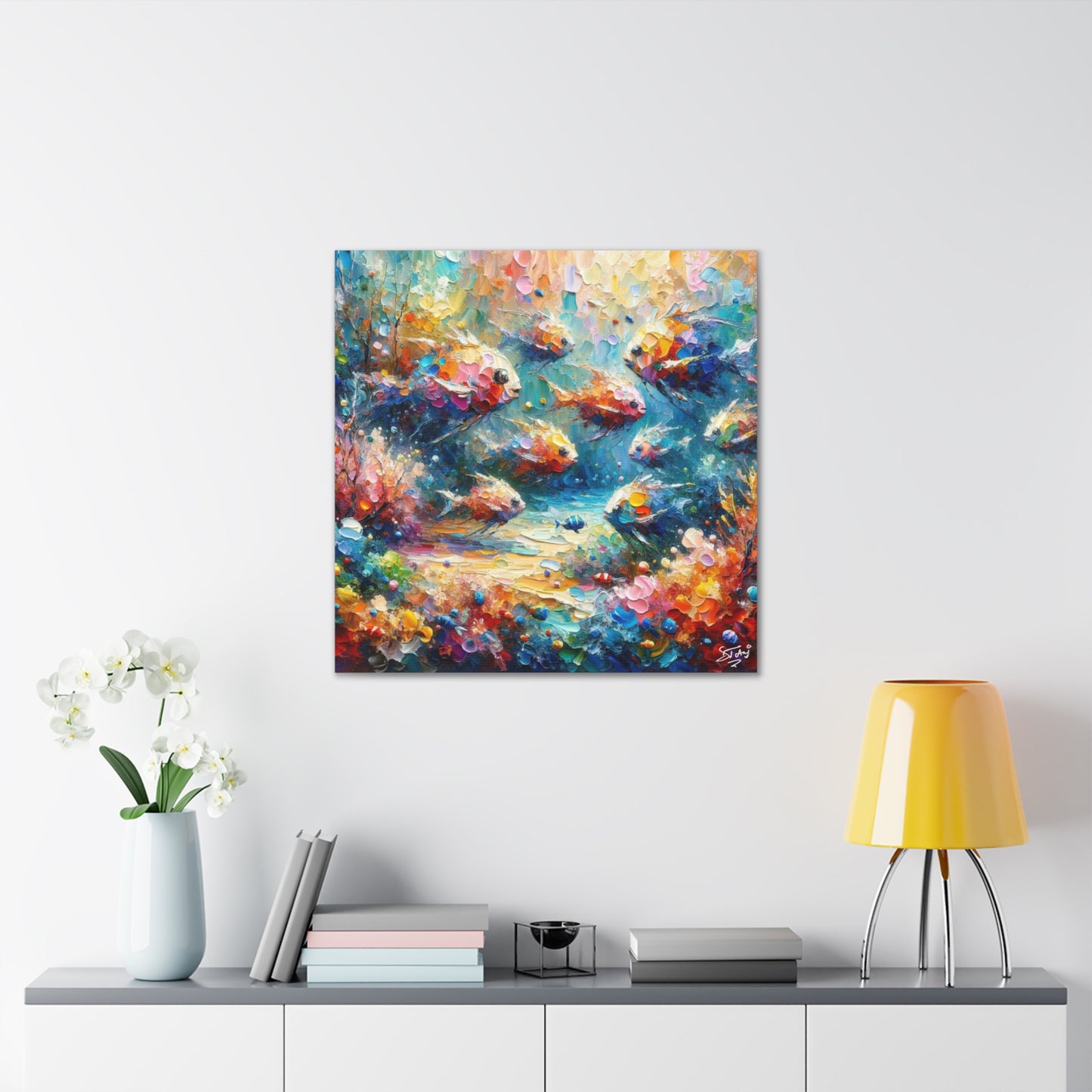 Art Print, Fishes in Coral Reef, Oil Finish, Caribbean Nature, Semi-Abstract, Canvas Gallery Wrap