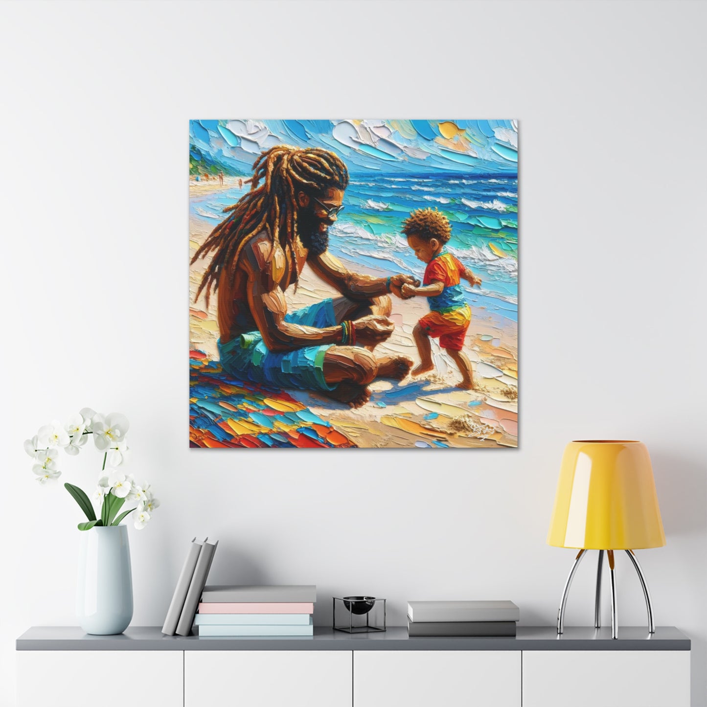 Art Print, Afro-Caribbean Father & Son "Sitting on the Beach," Oil Finish, West Indian Ethnicity, Cultural, Heritage, Semi-Abstract, Canvas Gallery Wrap