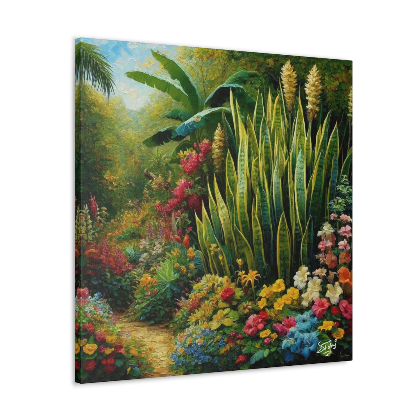 Art Print of Snake Plant in Tropical Flower Garden, Oil Finish, West Indian Art, Canvas Gallery Wraps