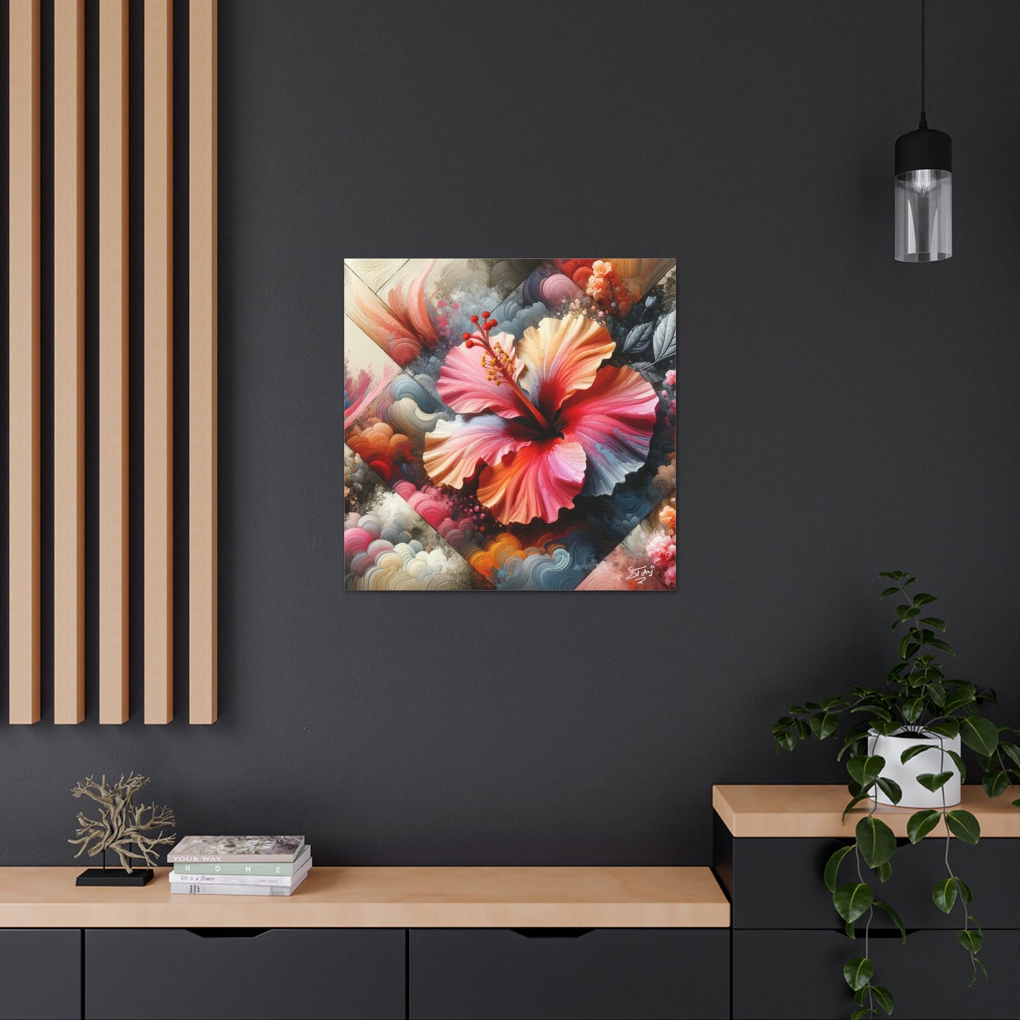 Oil Print of a Pink Hibiscus Flower, Close-up View, Semi-abstract, Caribbean, Vibrant Vivid Colors, Canvas Gallery Wraps