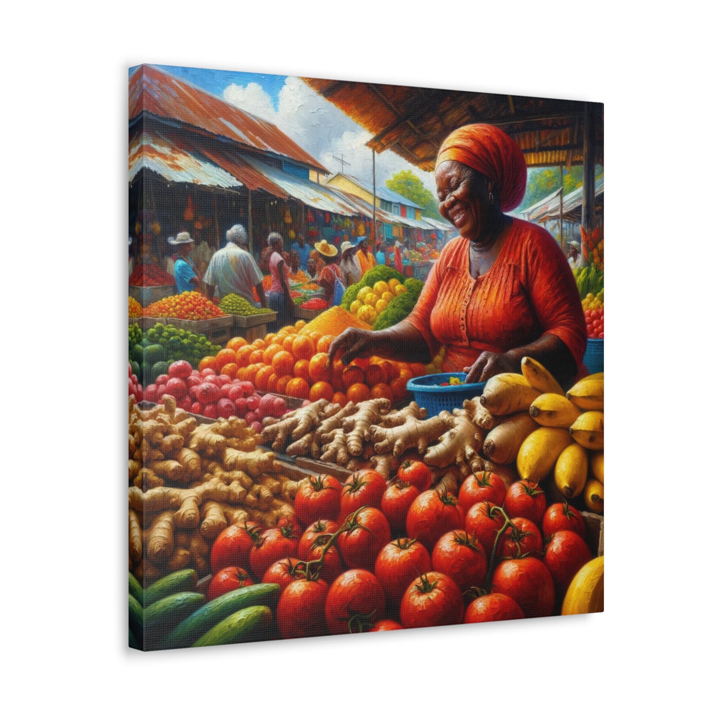 Art Print#6, "Selling at the Market", Market Scene in Trinidad, Caribbean, Oil Finish, West Indian Art, Canvas Gallery Wraps