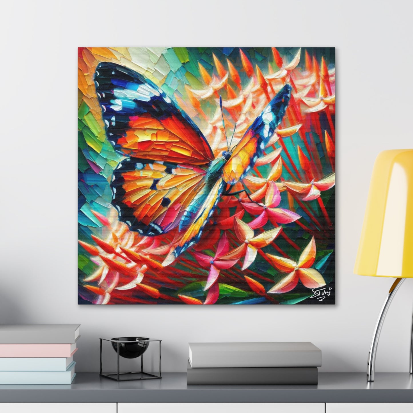 Art Print, Butterfly on Ixoras, Oil Finish, Caribbean Nature, Cultural, Heritage, Semi-Abstract, Canvas Gallery Wrap