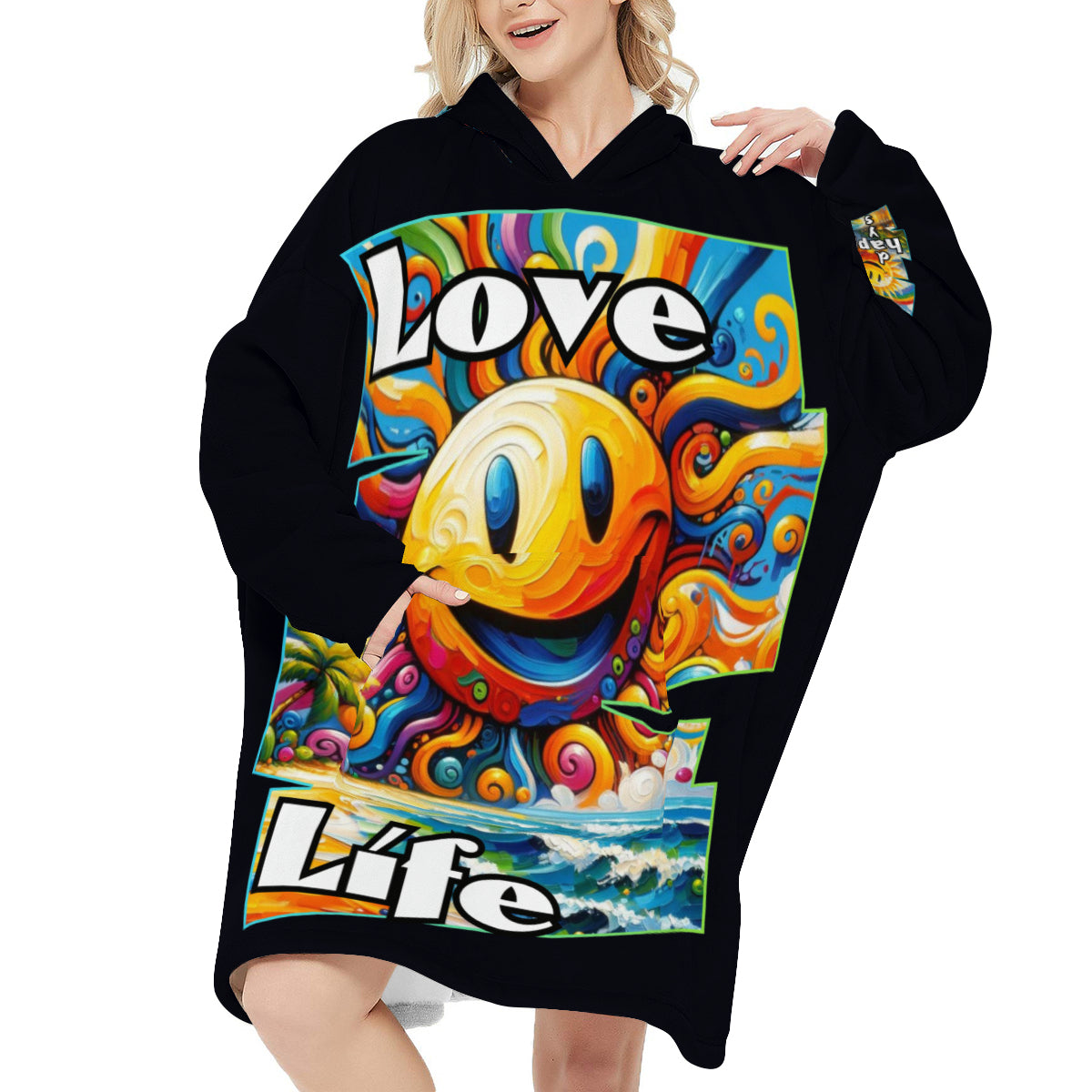 Flannel Sleeper Blanket Hoodie | "Love Life, Happy Days"