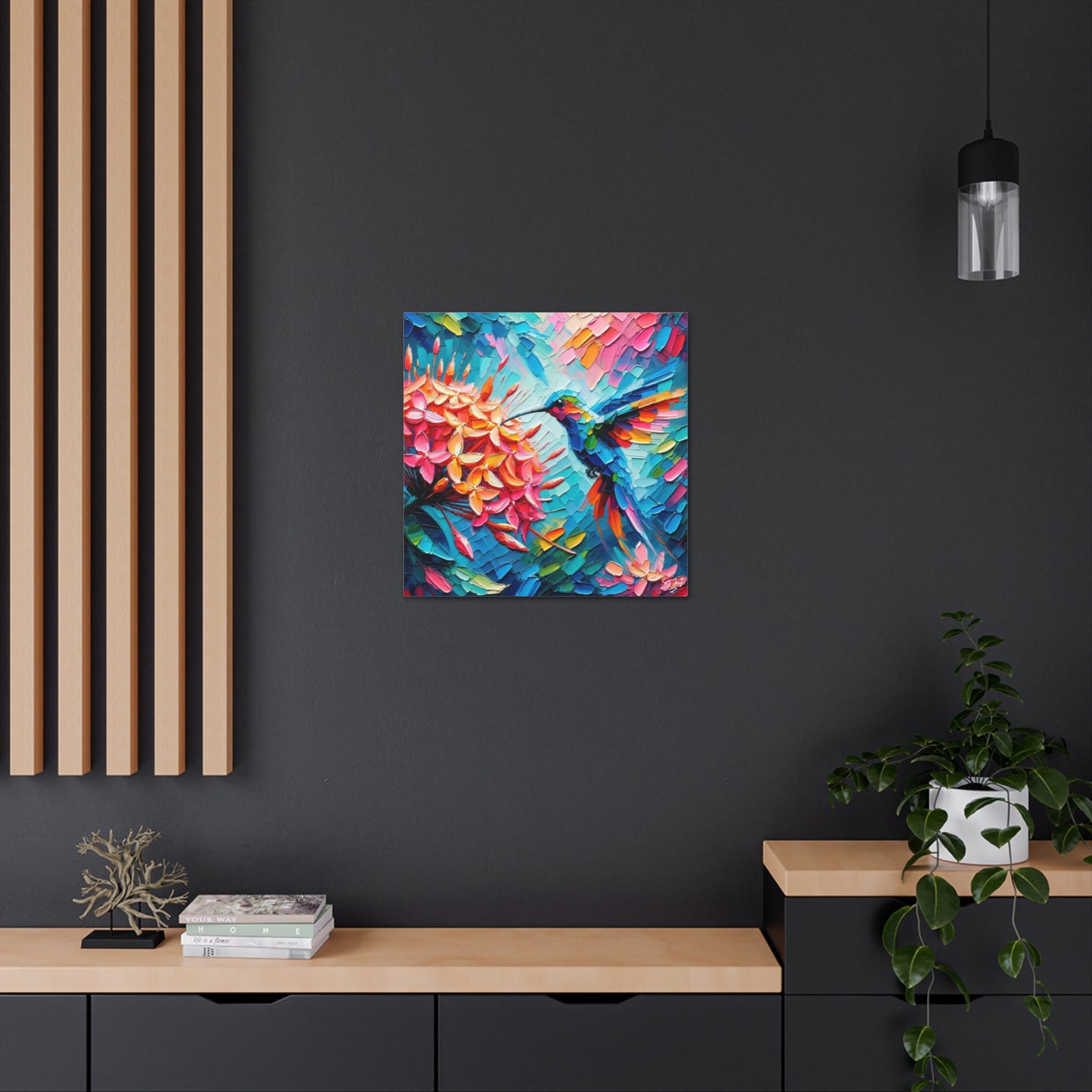 Art Print, Hummingbird on Ixora, Oil Finish, Caribbean Nature, Cultural, Heritage, Semi-Abstract, Canvas Gallery Wrap