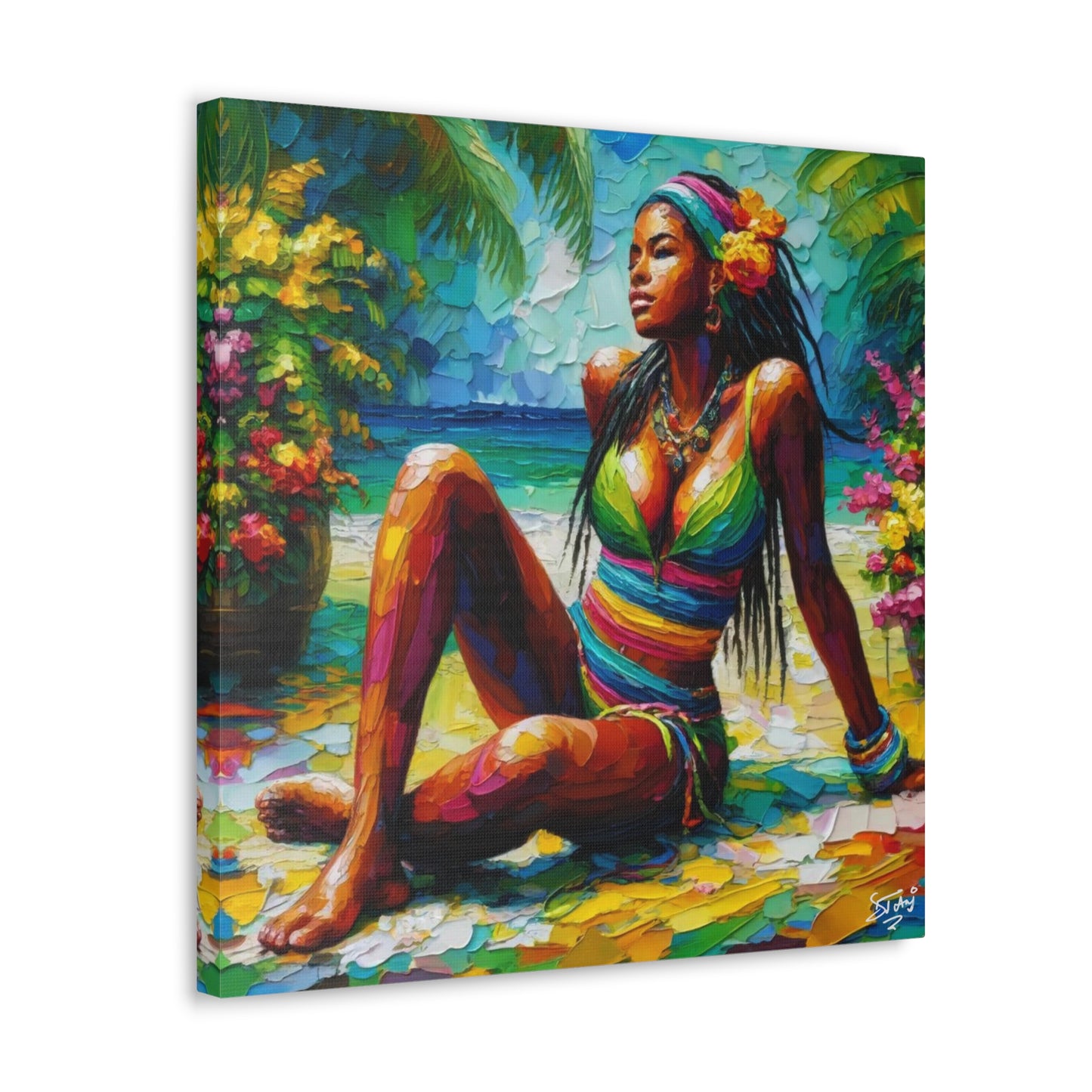 Art Print, Caribbean Woman, "Relaxing" Oil Finish, West Indian Ethnicity, Cultural, Heritage, Abstract, Canvas Gallery Wrap