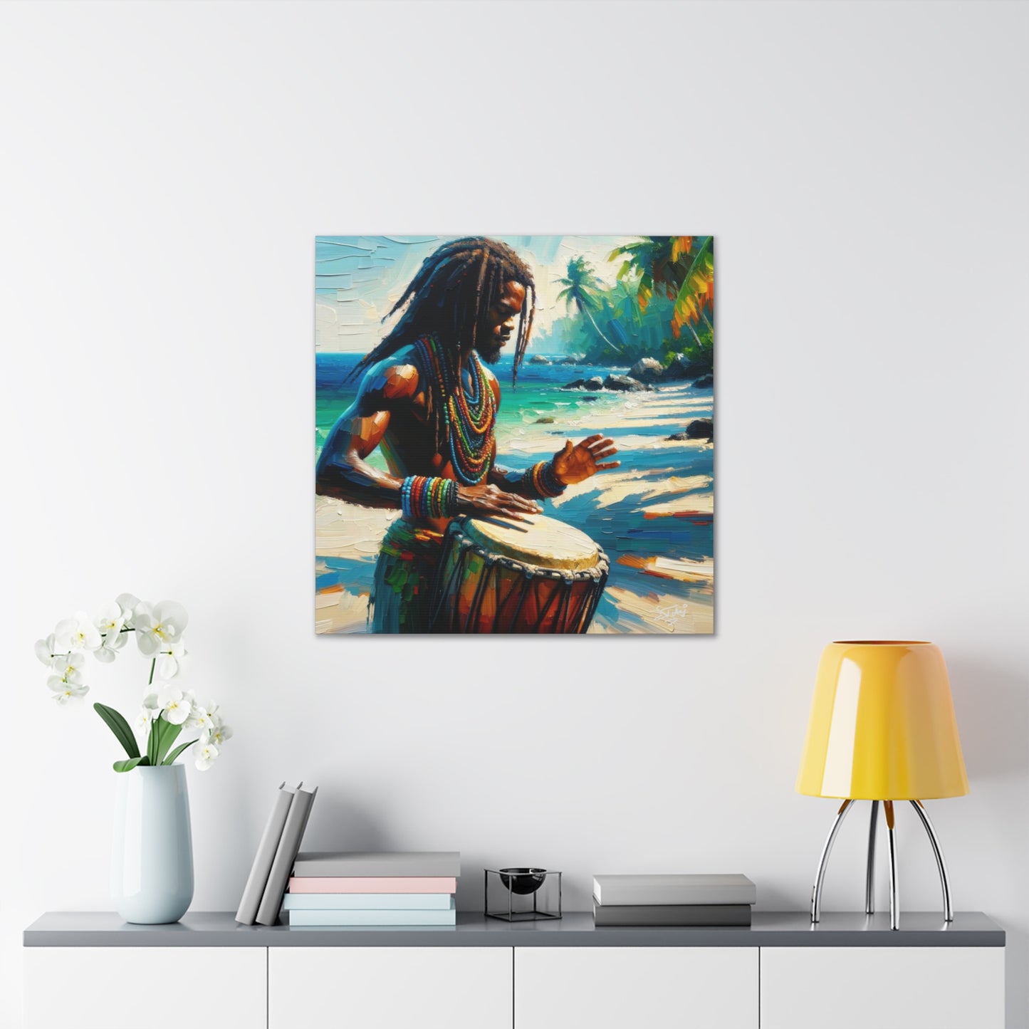 Art Print, Afro-Caribbean Man, "Drumming" Oil Finish, West Indian Ethnicity, Cultural, Heritage, Abstract, Canvas Gallery Wrap