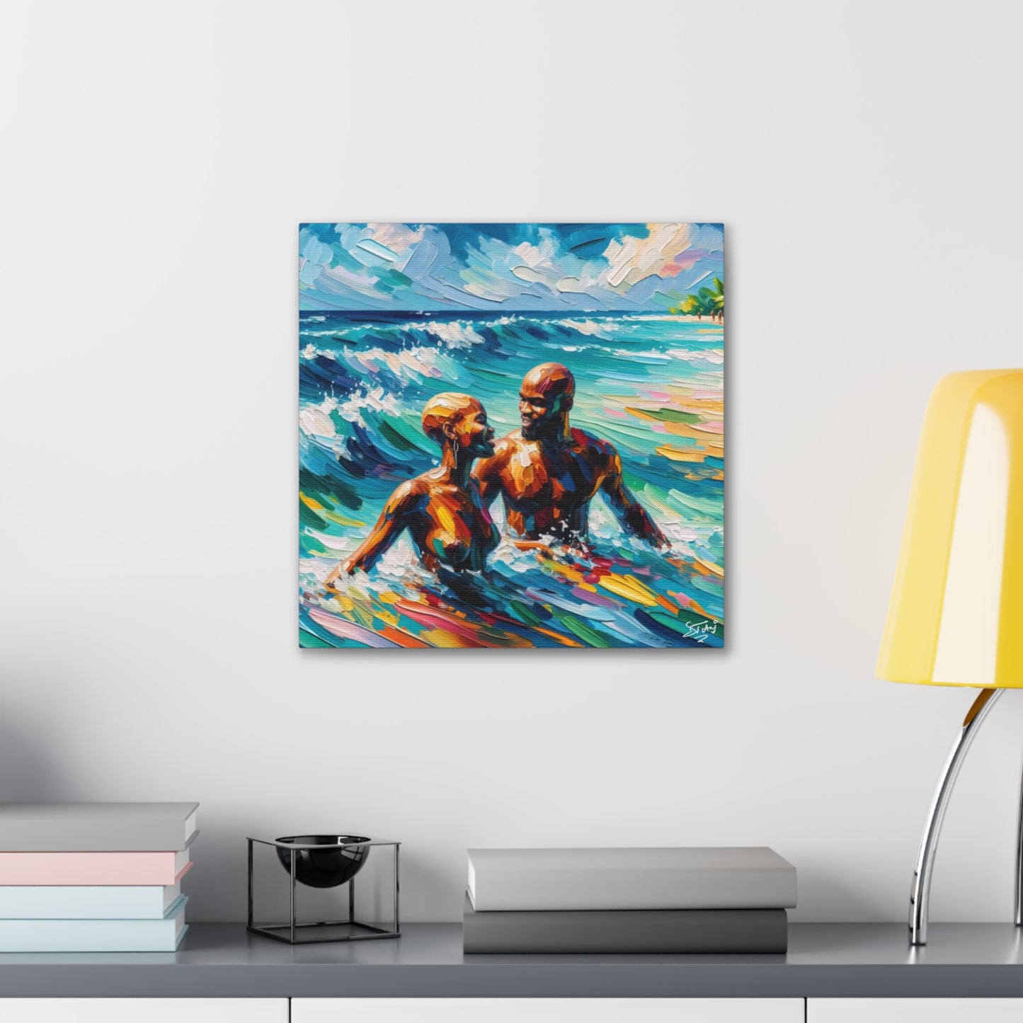 Art Print, Afro-Caribbean Couple "Skinny Dipping," Oil Finish, West Indian Ethnicity, Cultural, Heritage, Semi-Abstract, Canvas Gallery Wrap