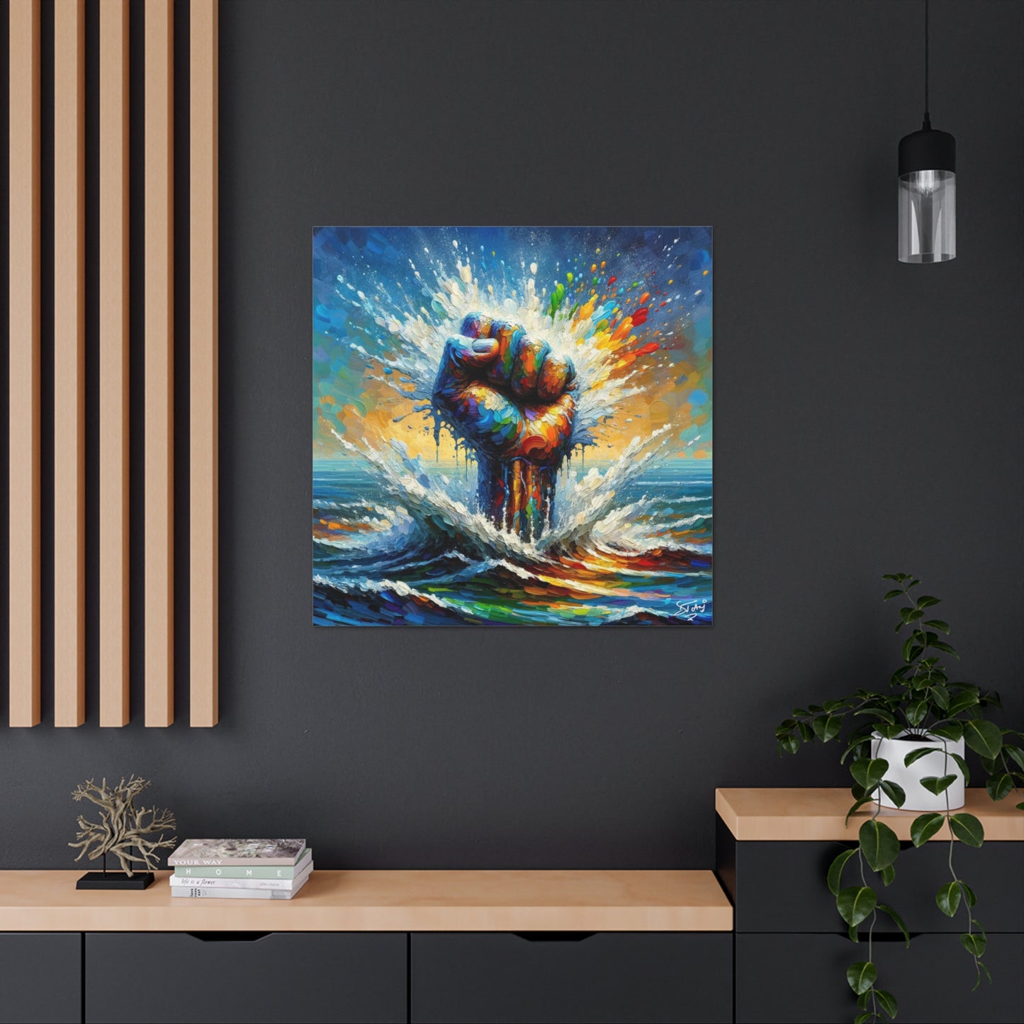 Art Print, Black Power, Oil Finish, Unity, One Love, Semi-Abstract, Canvas Gallery Wrap