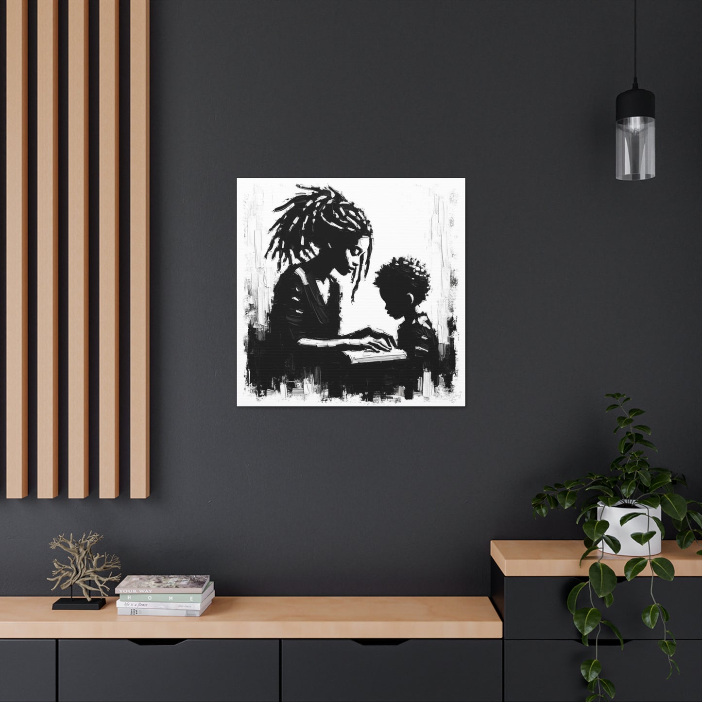 Art Print, Afro-Caribbean Mother & Son, Oil Finish, West Indian Ethnicity, Cultural, Heritage, Semi-Abstract, Canvas Gallery Wrap