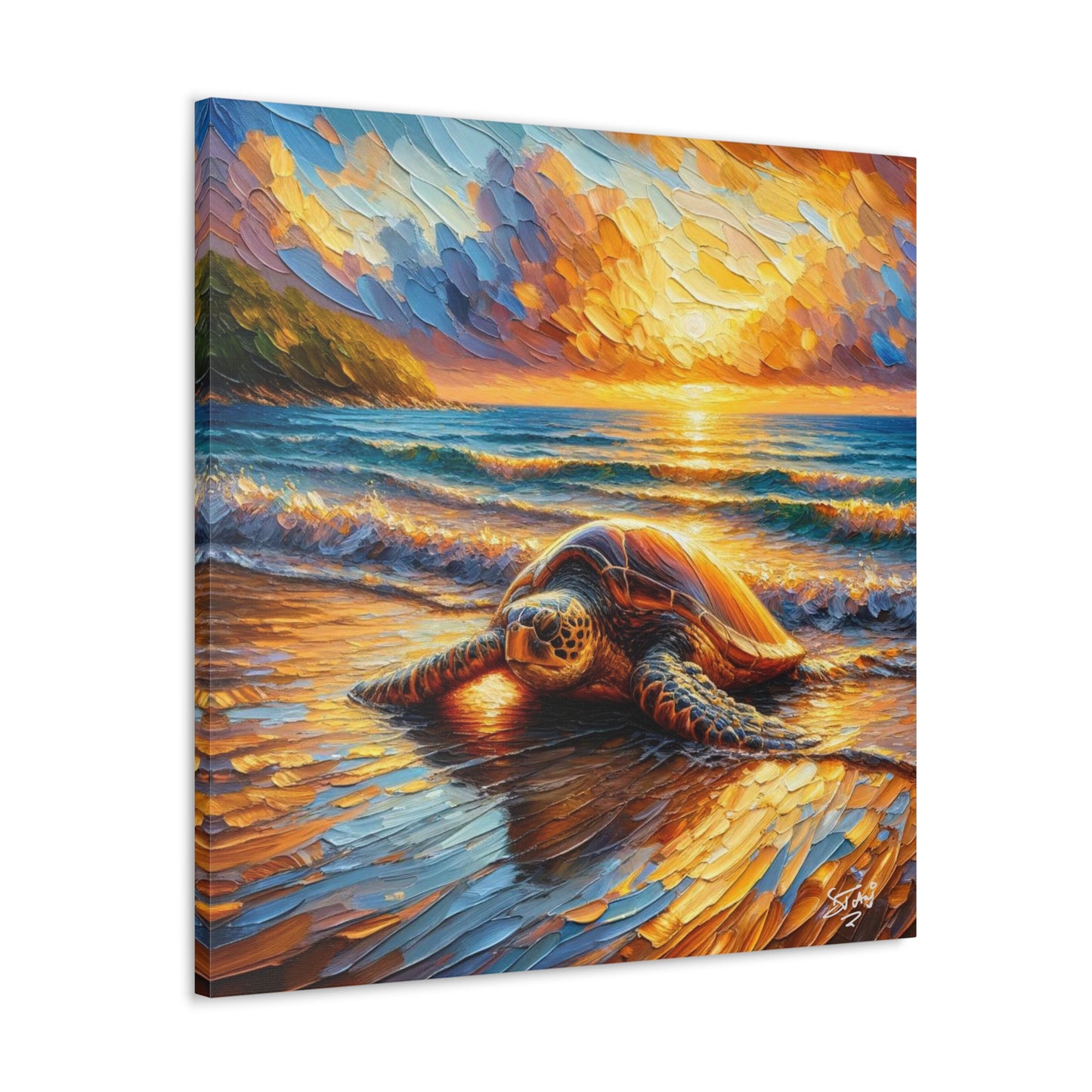 Art Print, Turtle at Sunset, Caribbean Wildlife, Oil Finish, Caribbean Nature, Culture, Heritage, Canvas Gallery Wrap