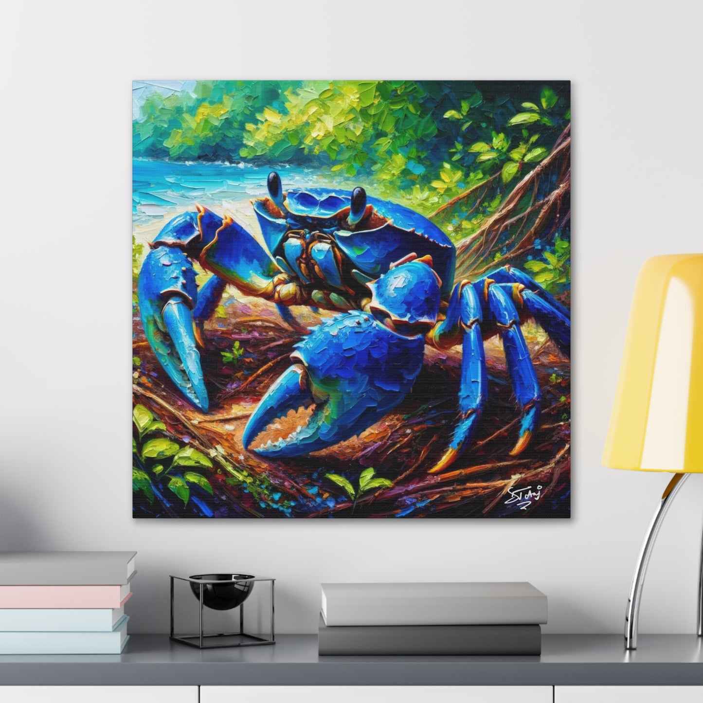 Art Print, Blue Crab, Caribbean Wildlife, Oil Finish, Caribbean Nature, Cultural, Heritage, Canvas Gallery Wrap