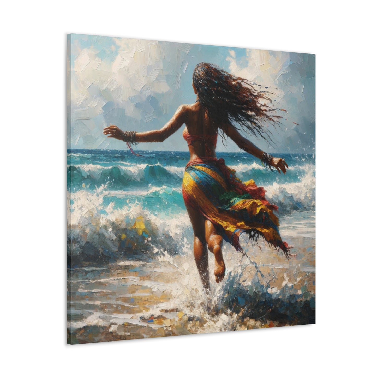 Art Print#2, East Indian Woman from Trinidad running into the Atlantic Ocean, Caribbean, Oil Finish, West Indian Art, Canvas Gallery Wraps