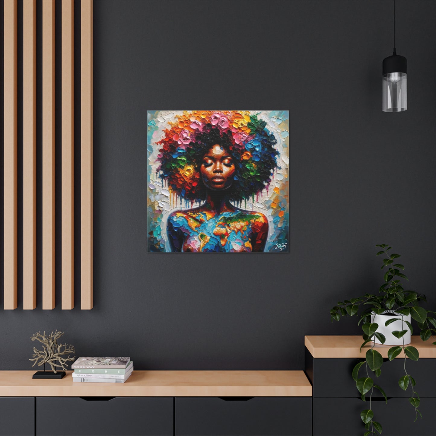 Art Print, Caribbean Woman "World Unity" Oil Finish, West Indian Ethnicity, Cultural, Heritage, Semi-Abstract, Canvas Gallery Wrap